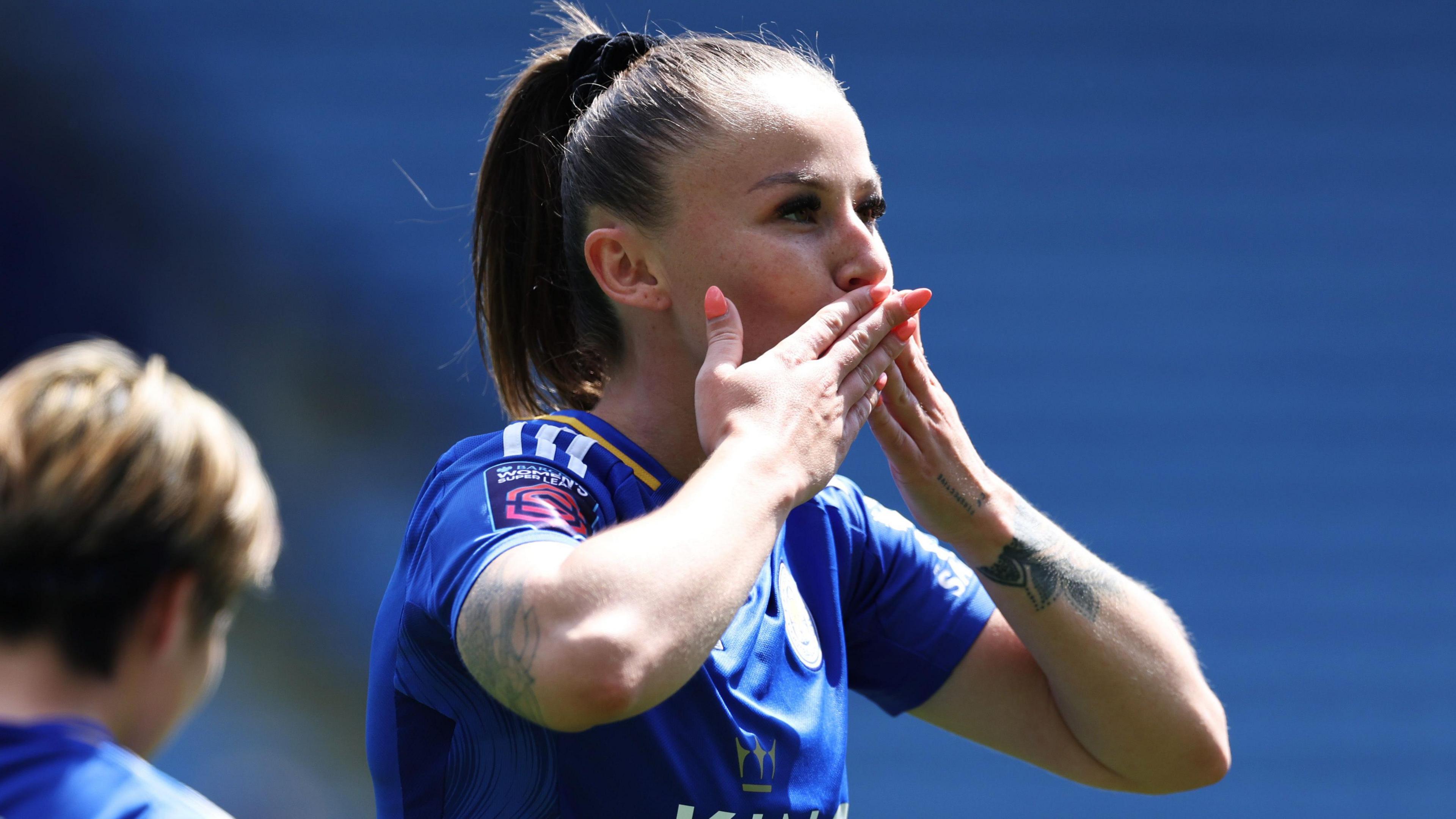 Leicester's Hannah Cain celebrates scoring against West Ham in the WSL