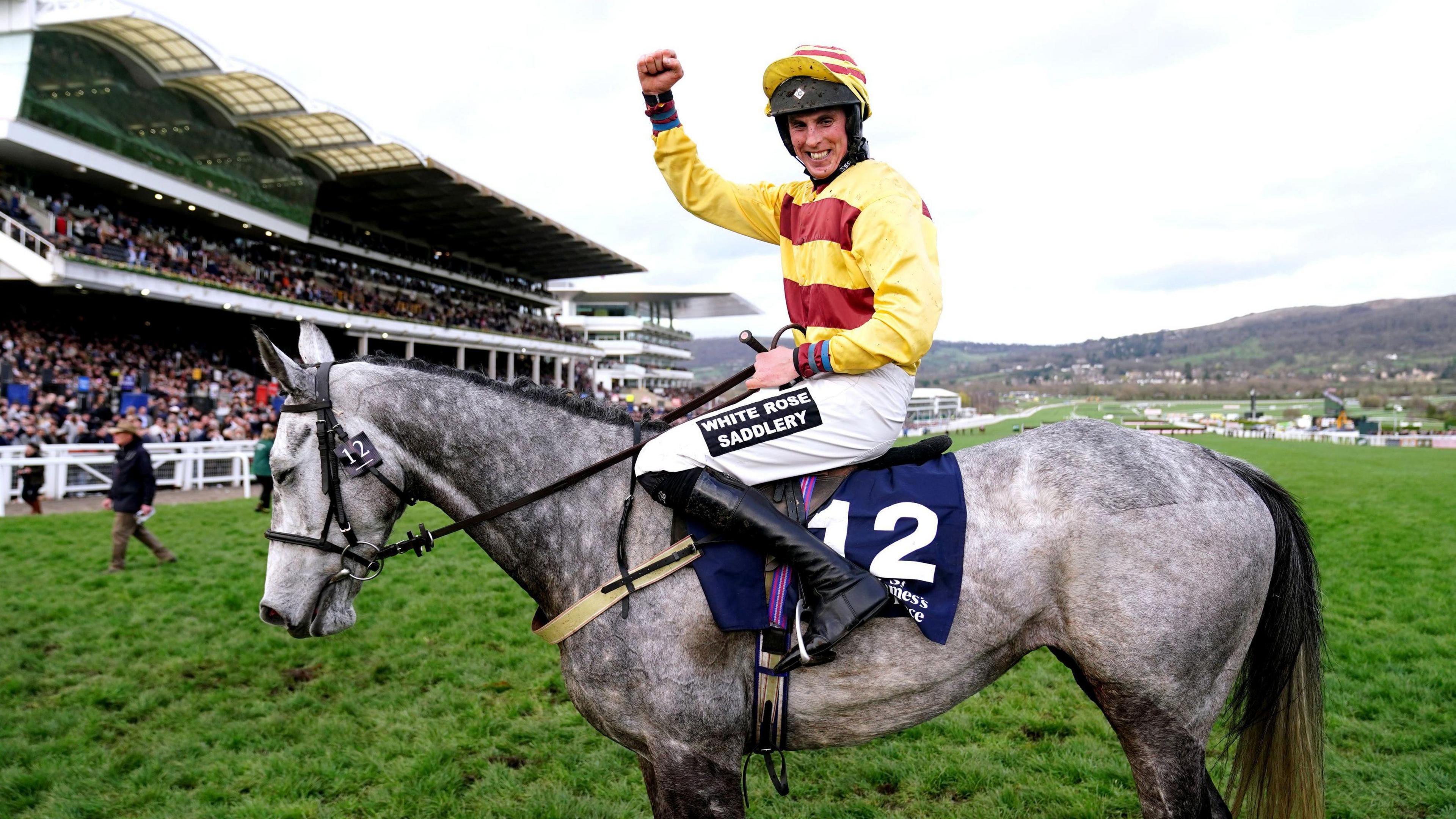 Jockey smiling on top of a grey horse at Cheltenham racecourse with packed grandstands in the background. The jockey is wearing a yellow top with wide red bands on it