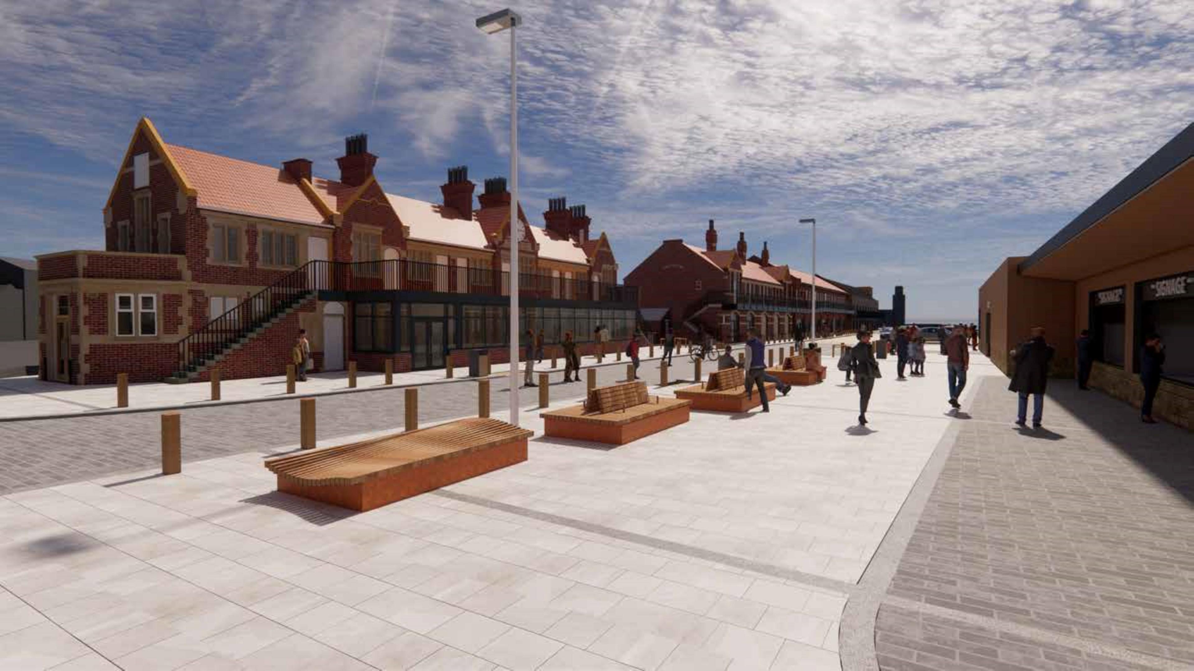 An artist's impression of how improvements to the pier would include better outdoor facilities. The image shows a row of two-storey buildings on the left with a road in the middle and a wide paved area with low wooden benches.