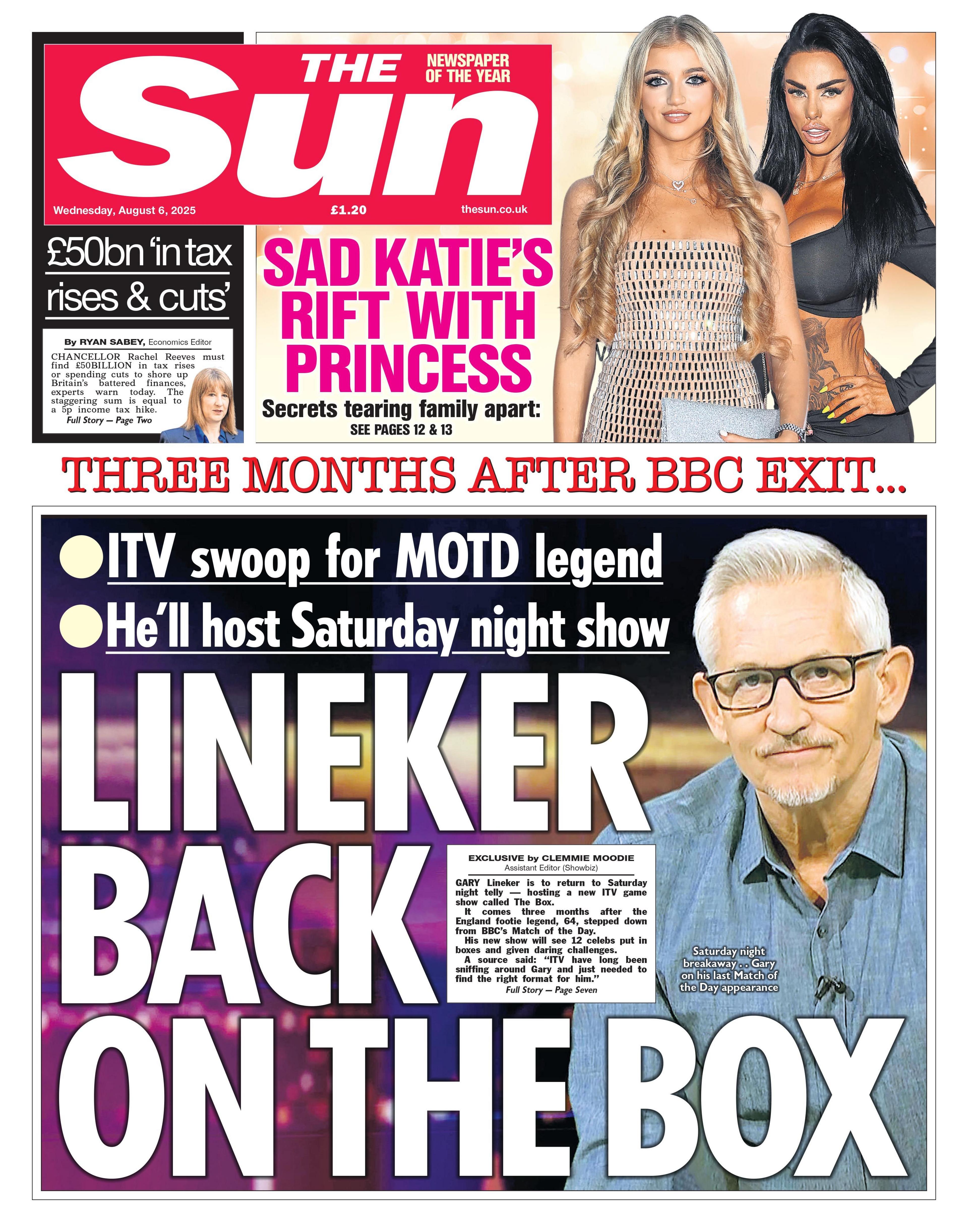The headline on the front page of the Sun reads: “Lineker back on the box"