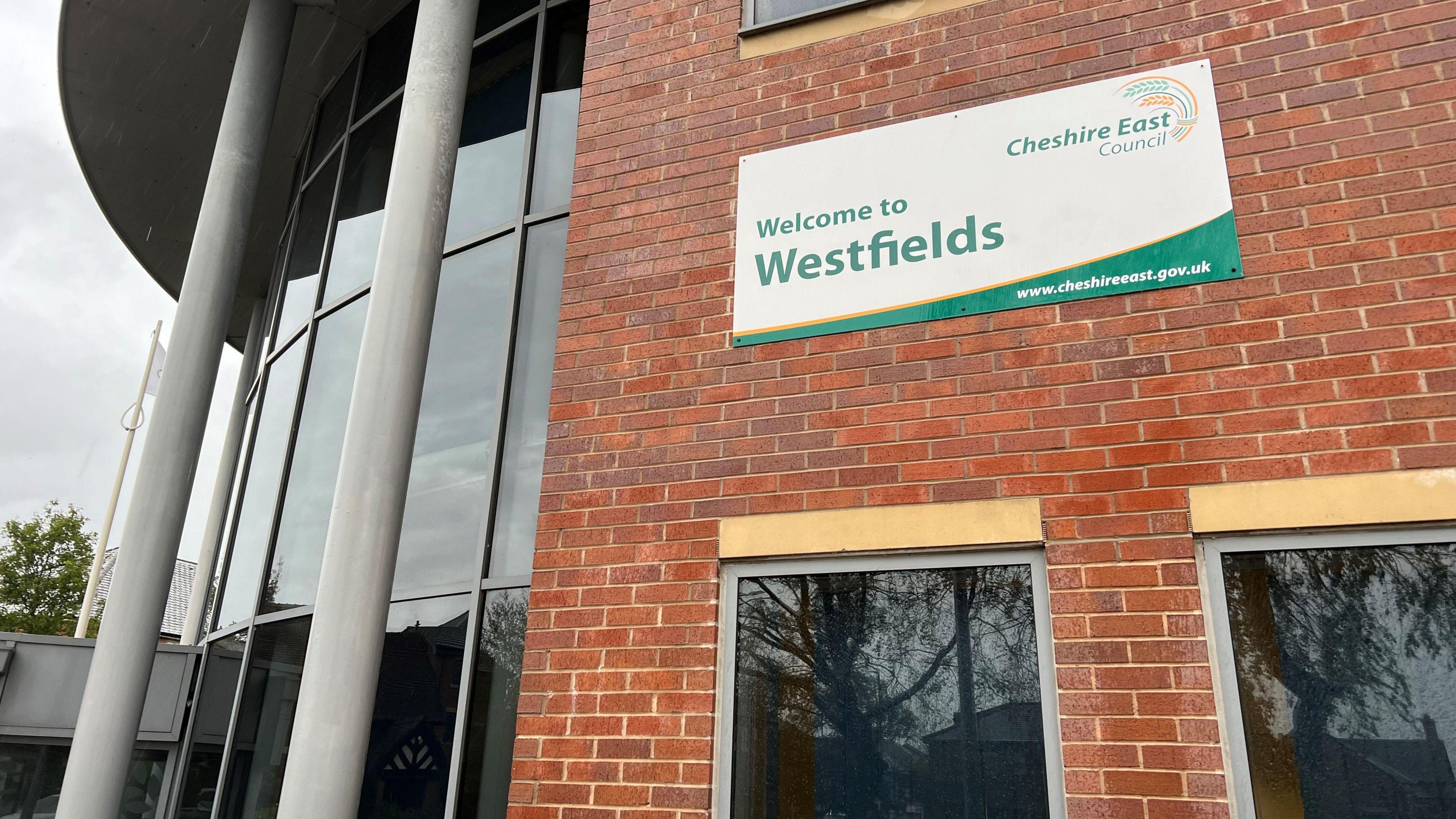 Close up of the Westfields sign at Cheshire East Council's headquarters