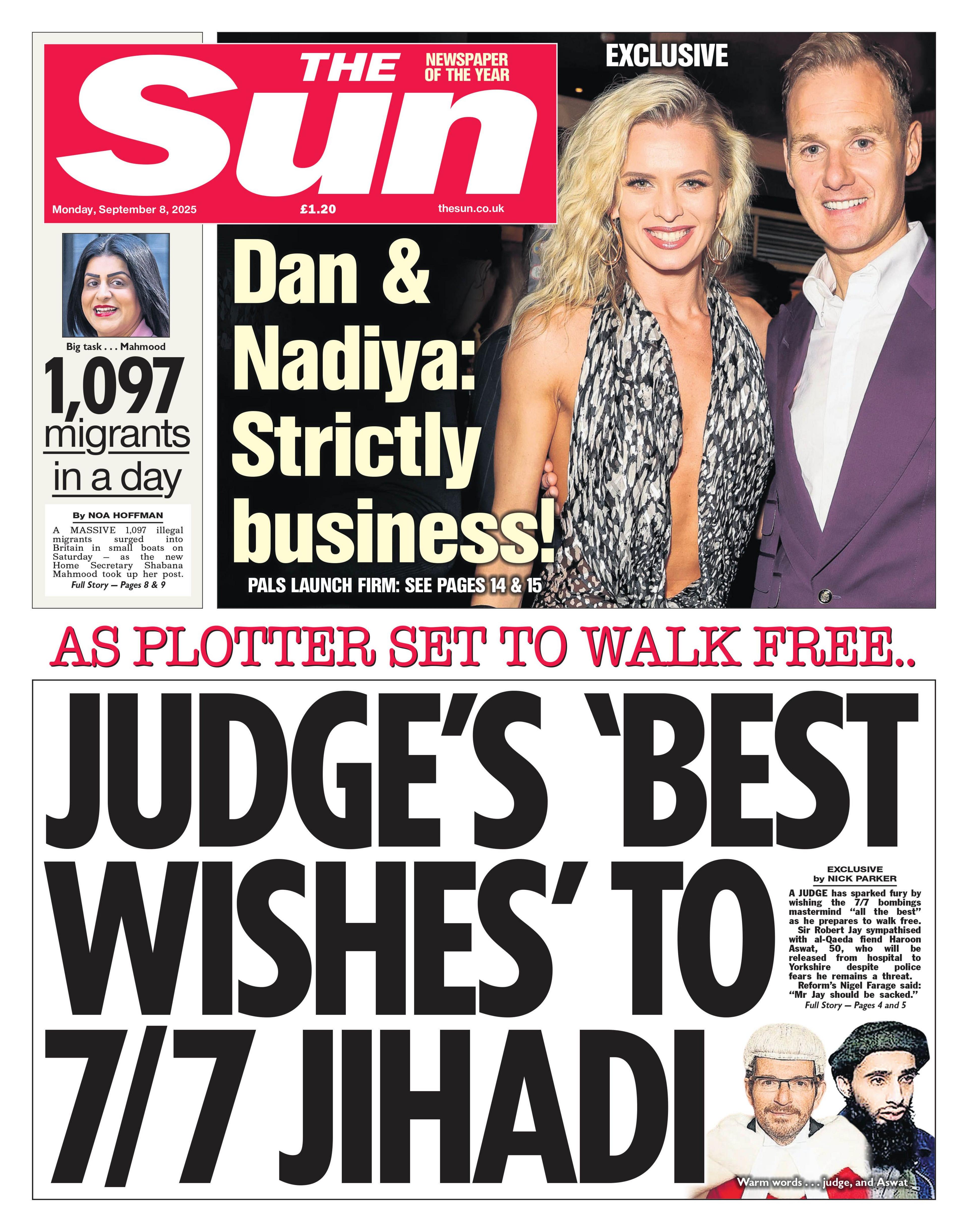 The headline on the front page of the Sun reads: "Judge's 'best wishes' to 7/7 Jihadi".