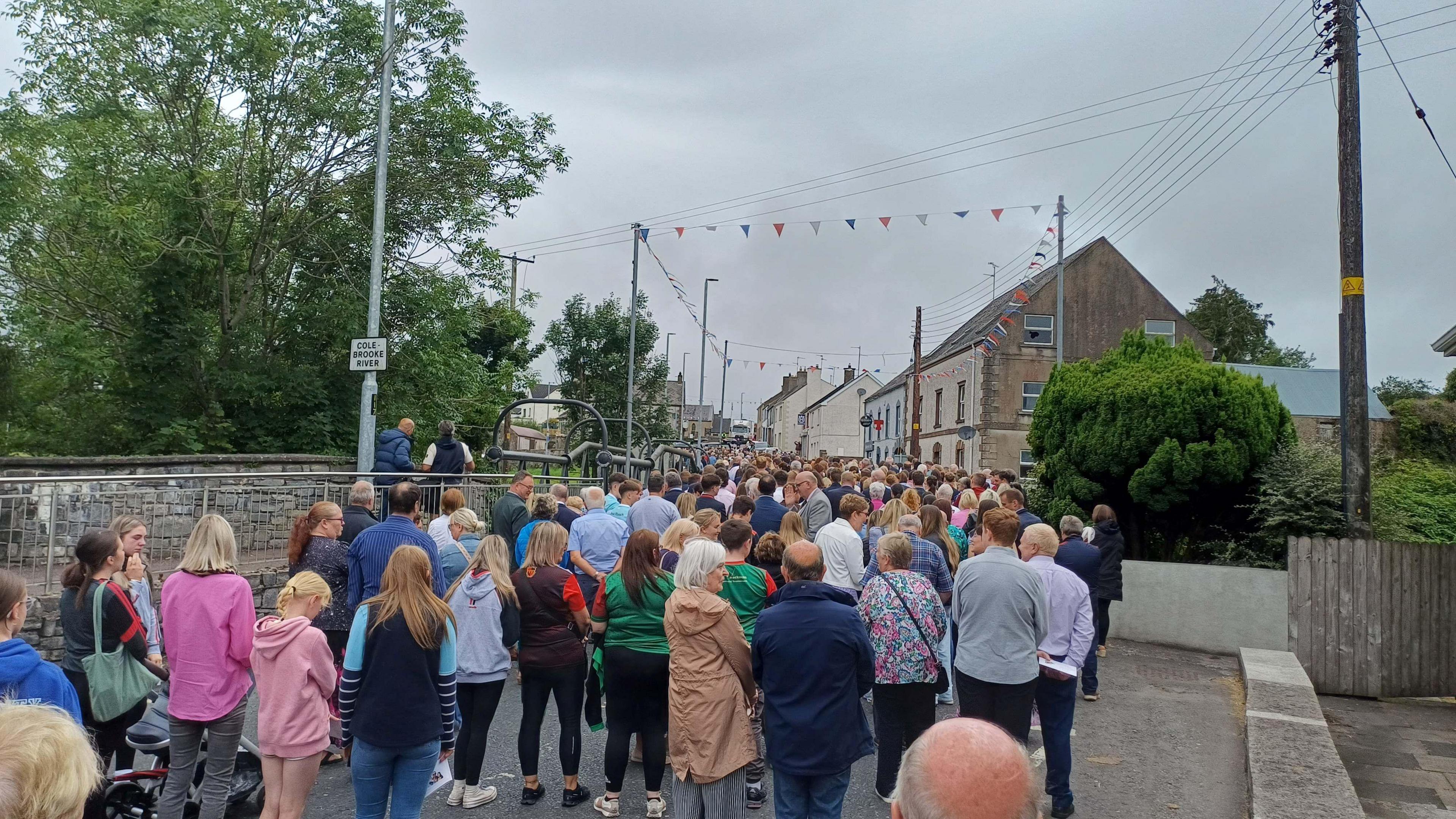 A large crowd of people on a village street. 