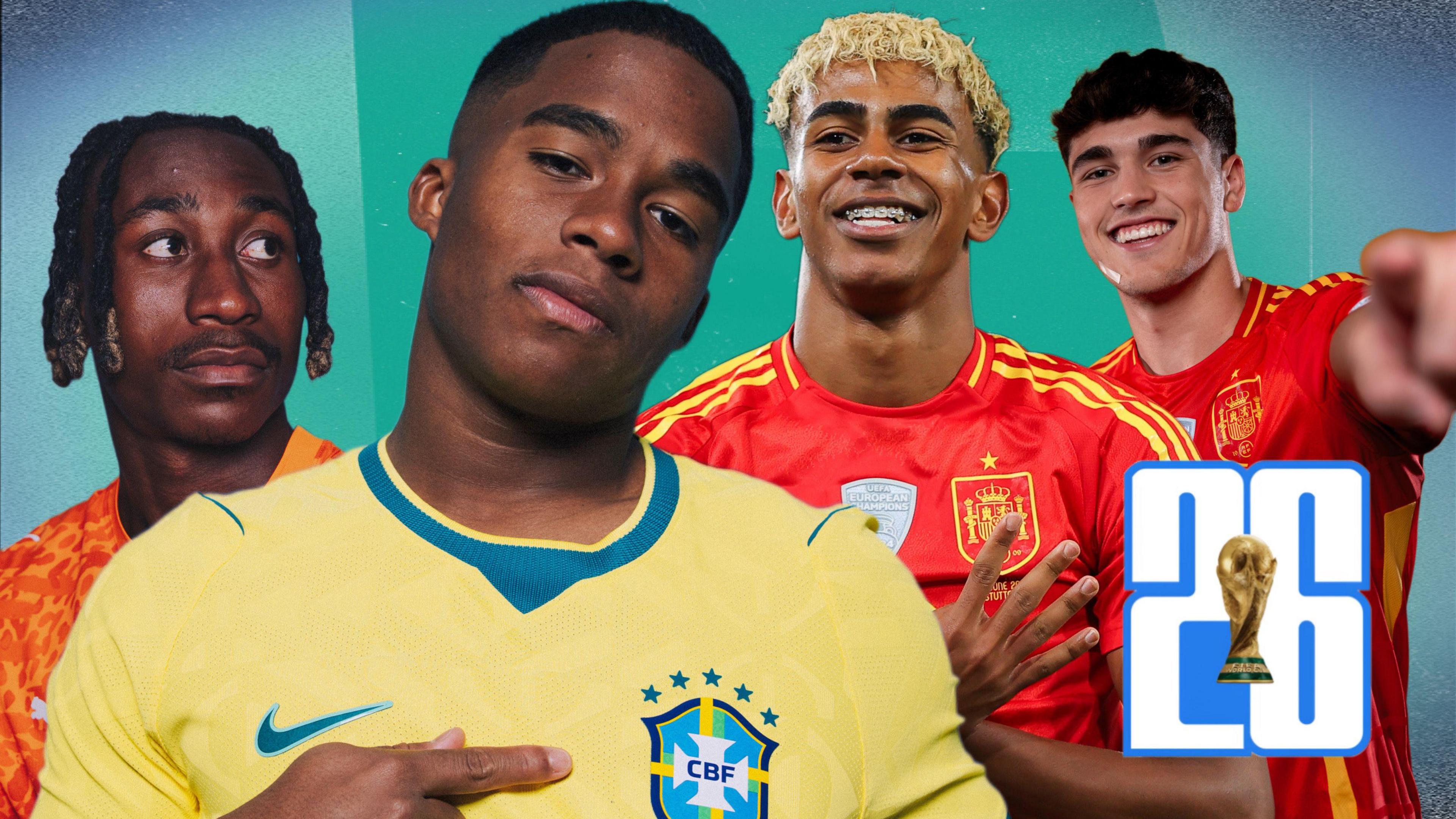 Yan Diomande of Ivory Coast, Endrick of Brazil, Lamine Yamal of Spain and Pau Cubarsi of Spain