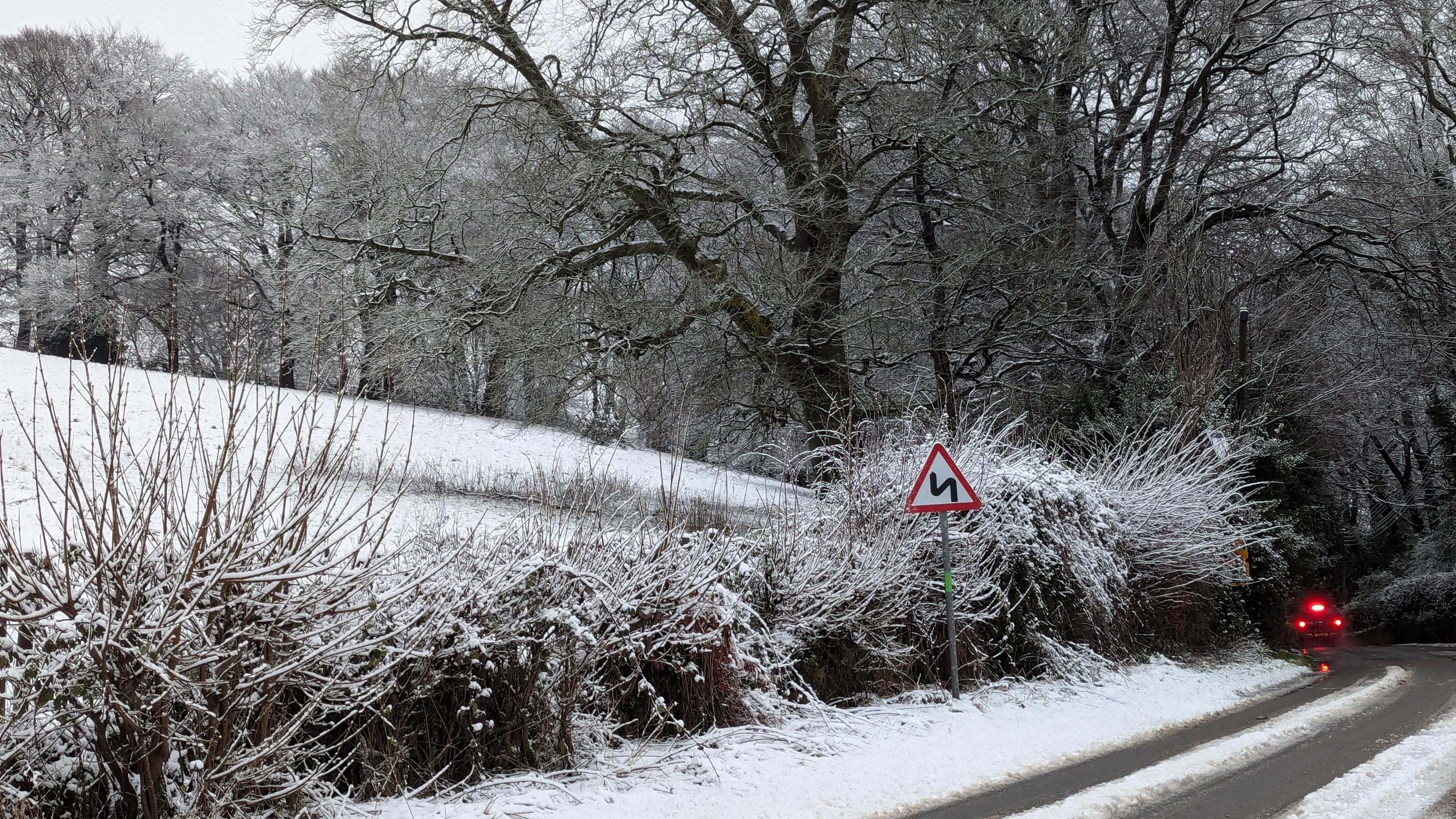 A car is seen with brake lights illuminated as it travels past a snow-covered hedge. There is a road sign that indicates bends in the road, and there are tyre tracks on the road.