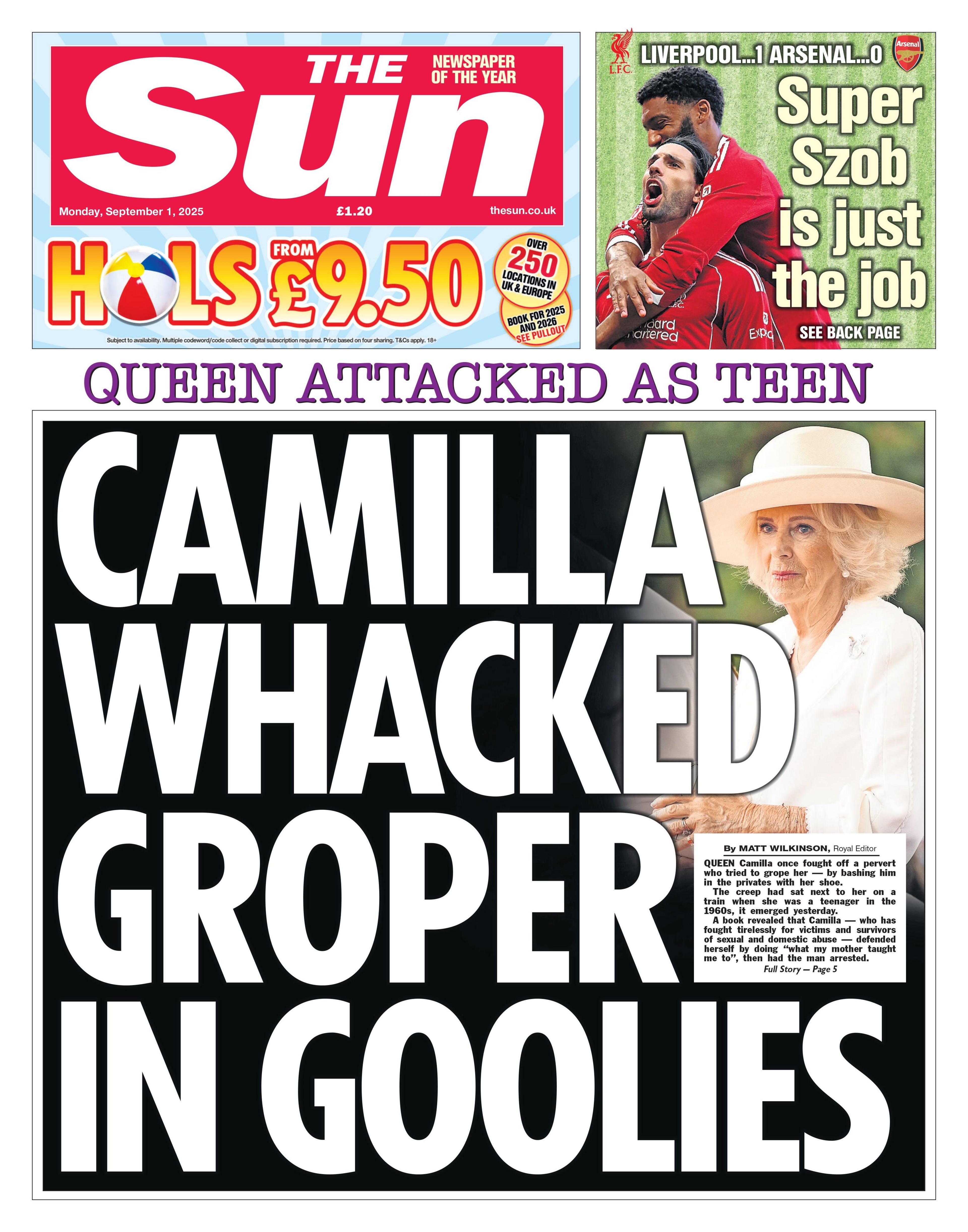 The headline on the front page of the Sun reads: "Camilla whacked groper in goolies".