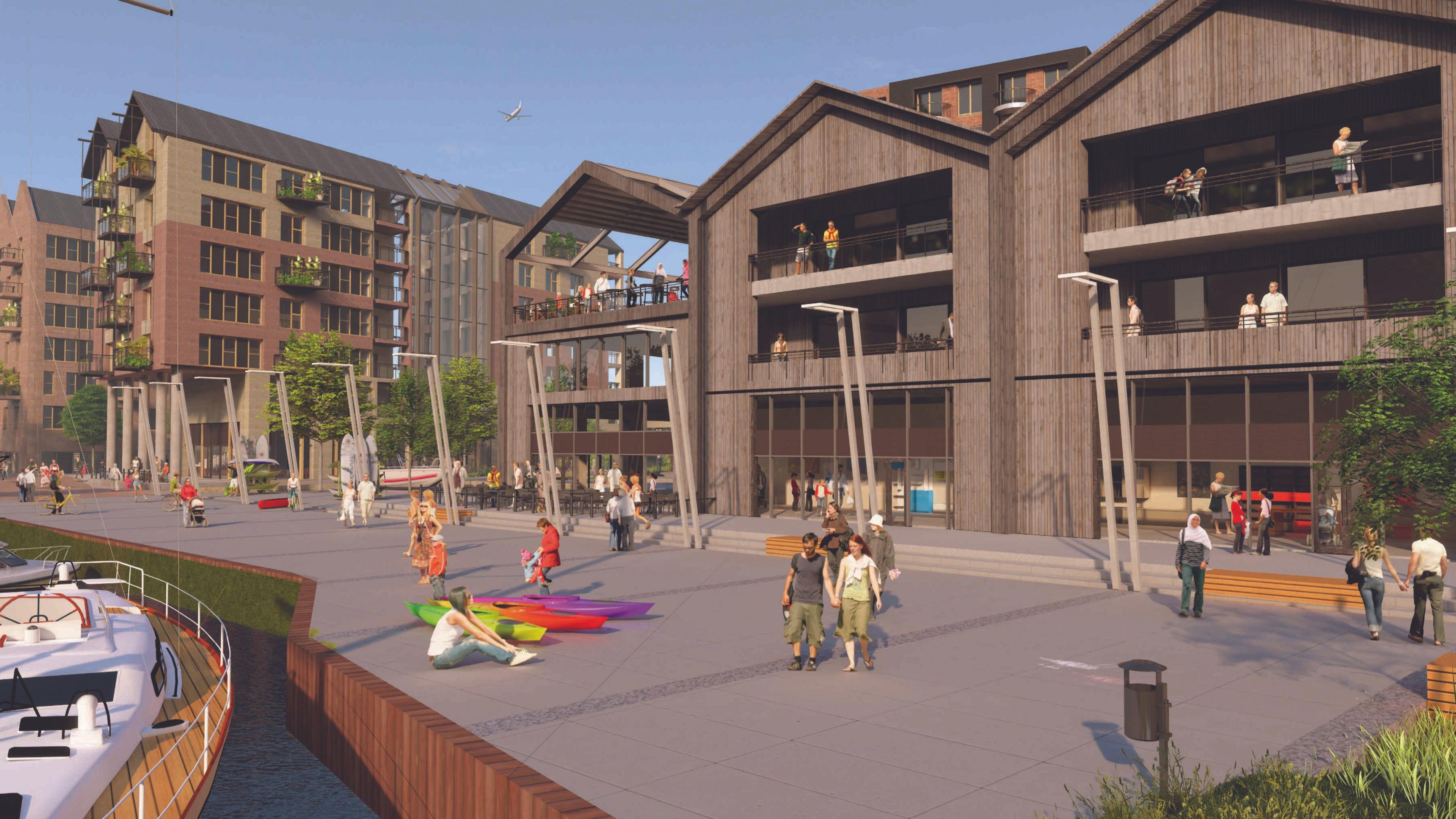 An artist's impression of how the Water lane development will look with people on the quayside and flats behind