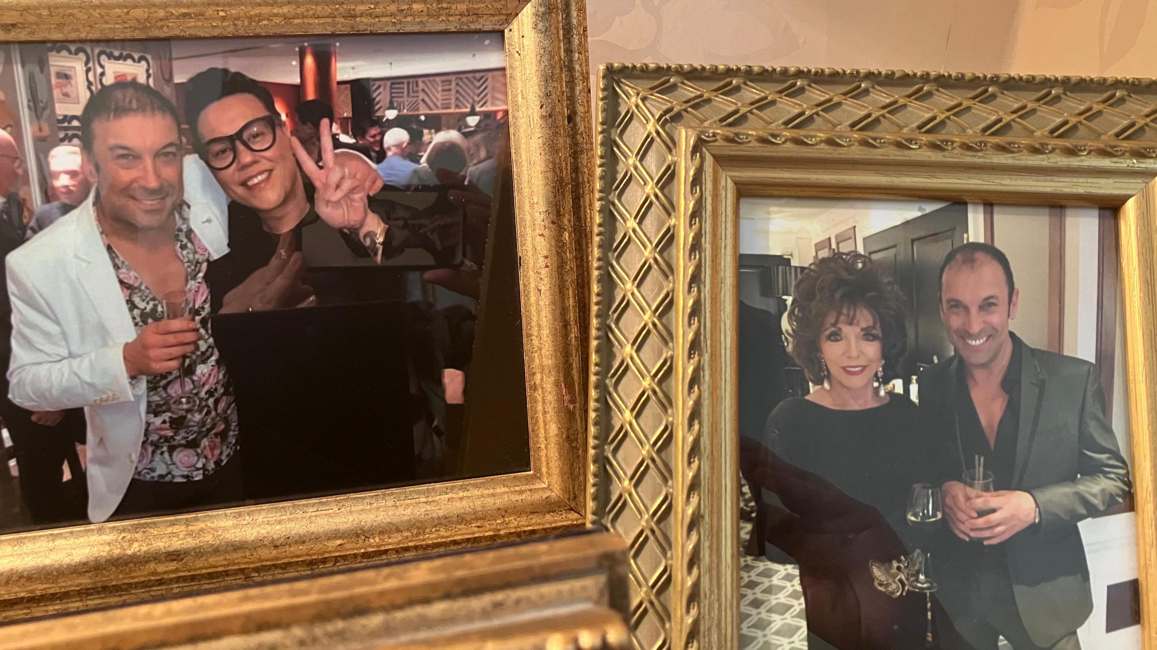 Framed photos of Ceri Dupree giving a V-sign alongside Gok Wan, and holding a drink next to Dame Joan Collins