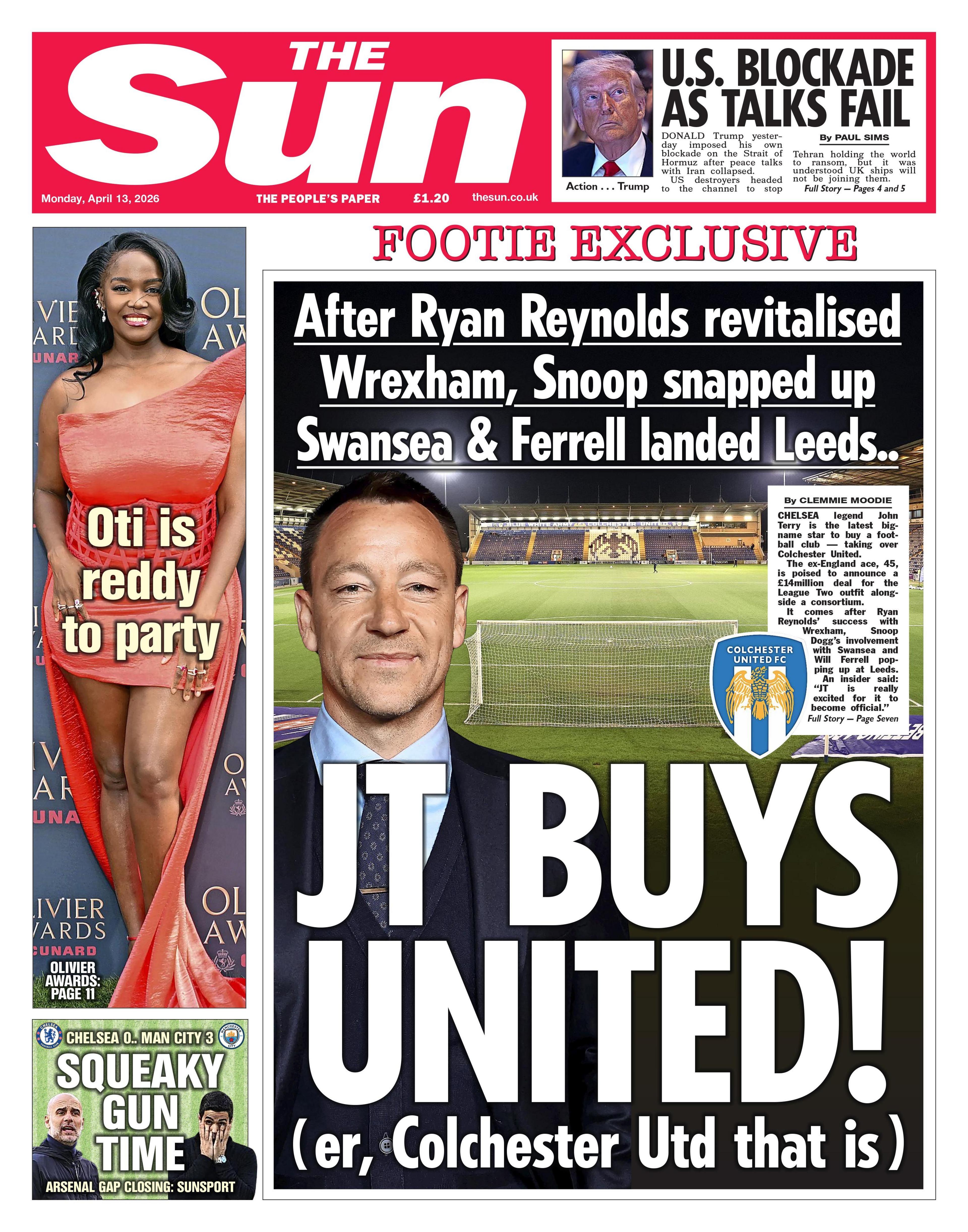 "Ekskluzive futbollistike: Pasi Ryan Reynolds e rigjallëroi Wrexham, Snoop bleu Swansea-n dhe Ferrell transferoi Leeds-in... JT blen United! (domethënë Colchester Utd)", thuhet në titullin kryesor të faqes së parë të gazetës The Sun.