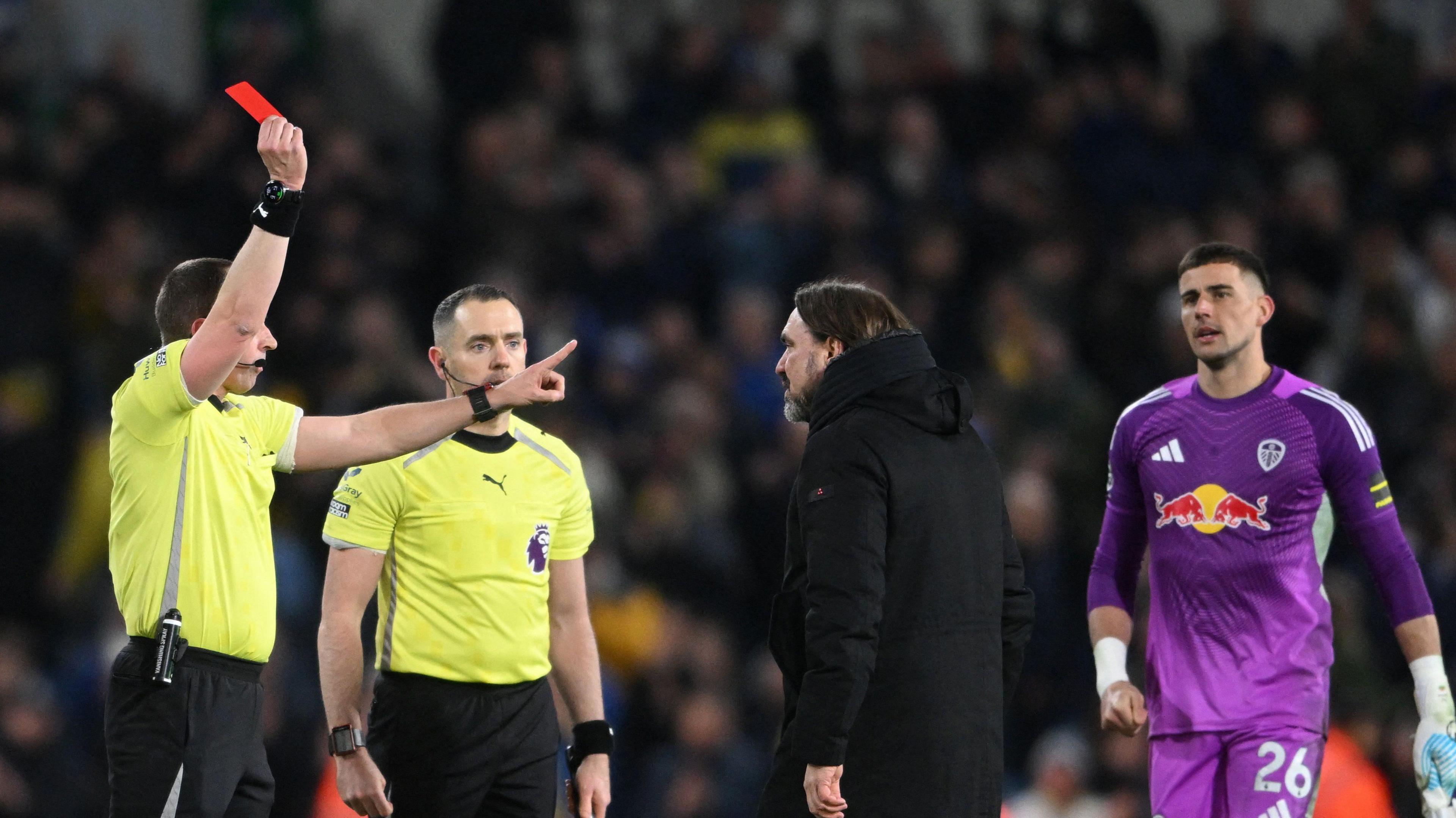 Leeds boss Daniel Farke was shown a red card by referee Peter Bankes at the end of his side's 1-0 home defeat by Manchester City on Saturday