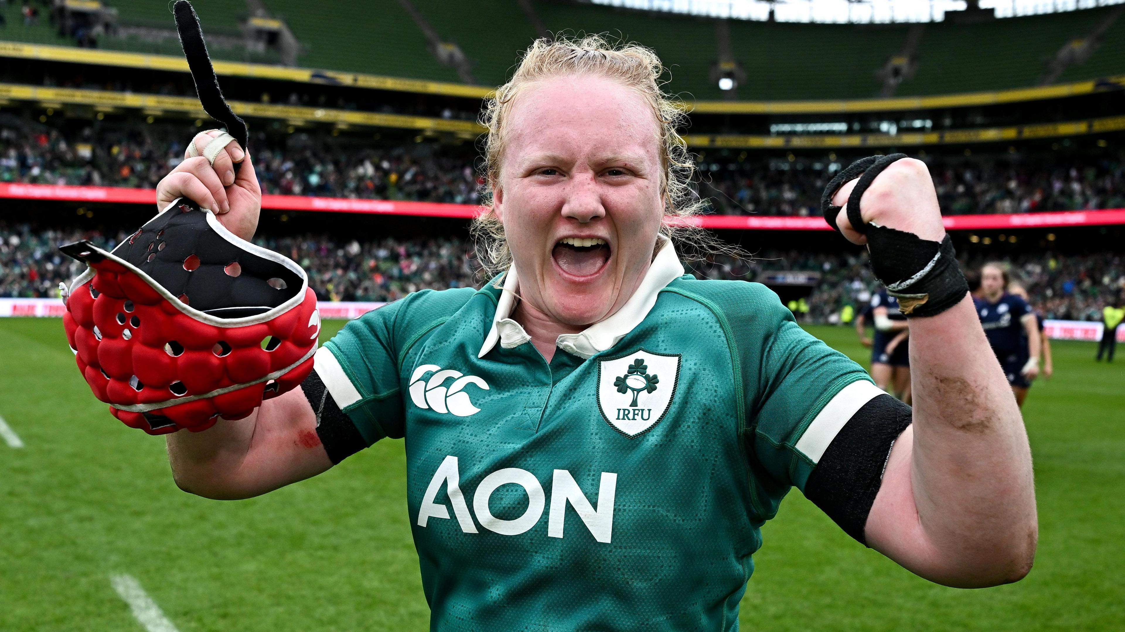 Aoife Wafer celebrates Ireland's win over Scotland at Aviva Stadium 