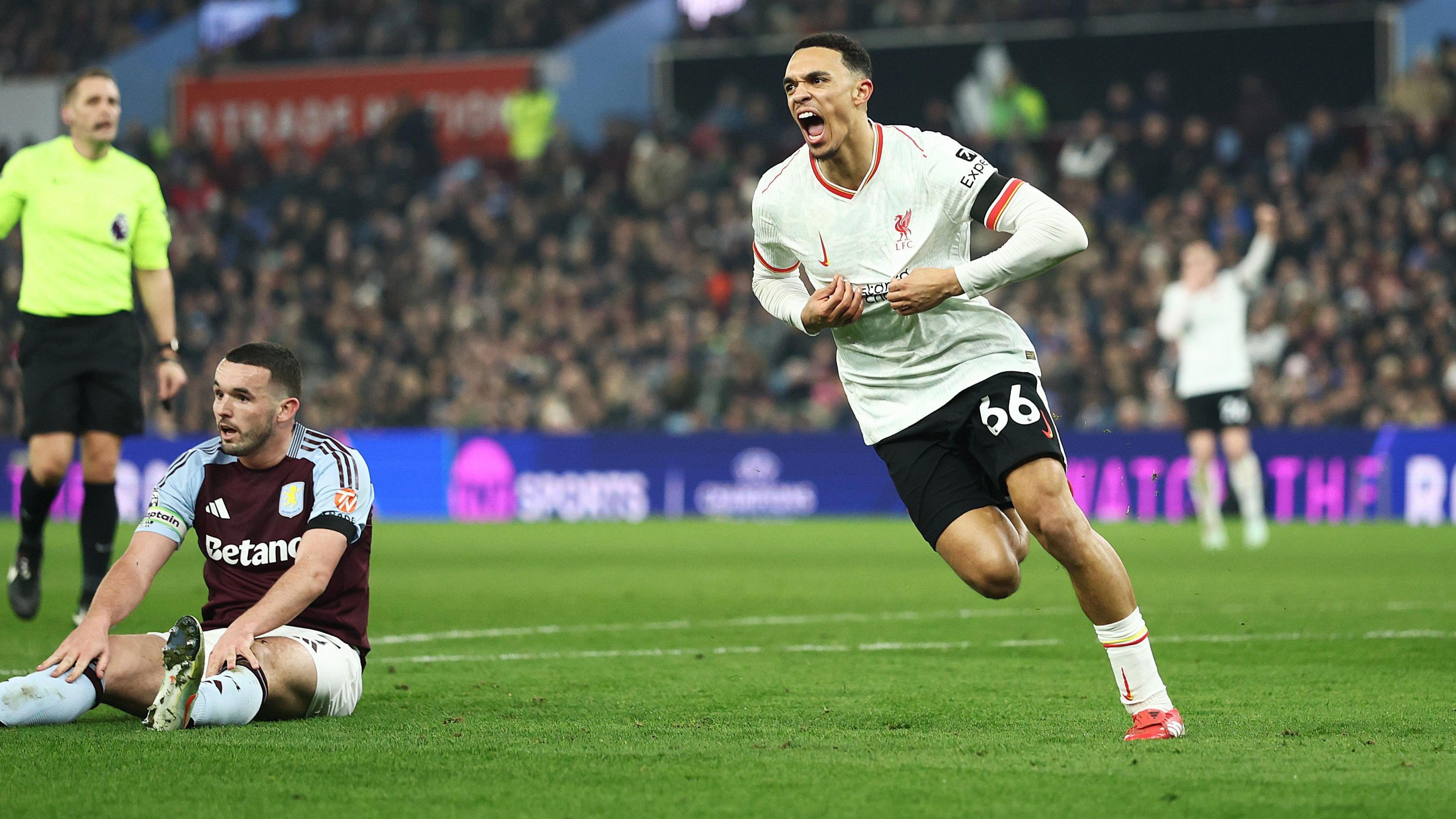 Trent Alexander-Arnold celebrates his goal at Aston Villa 