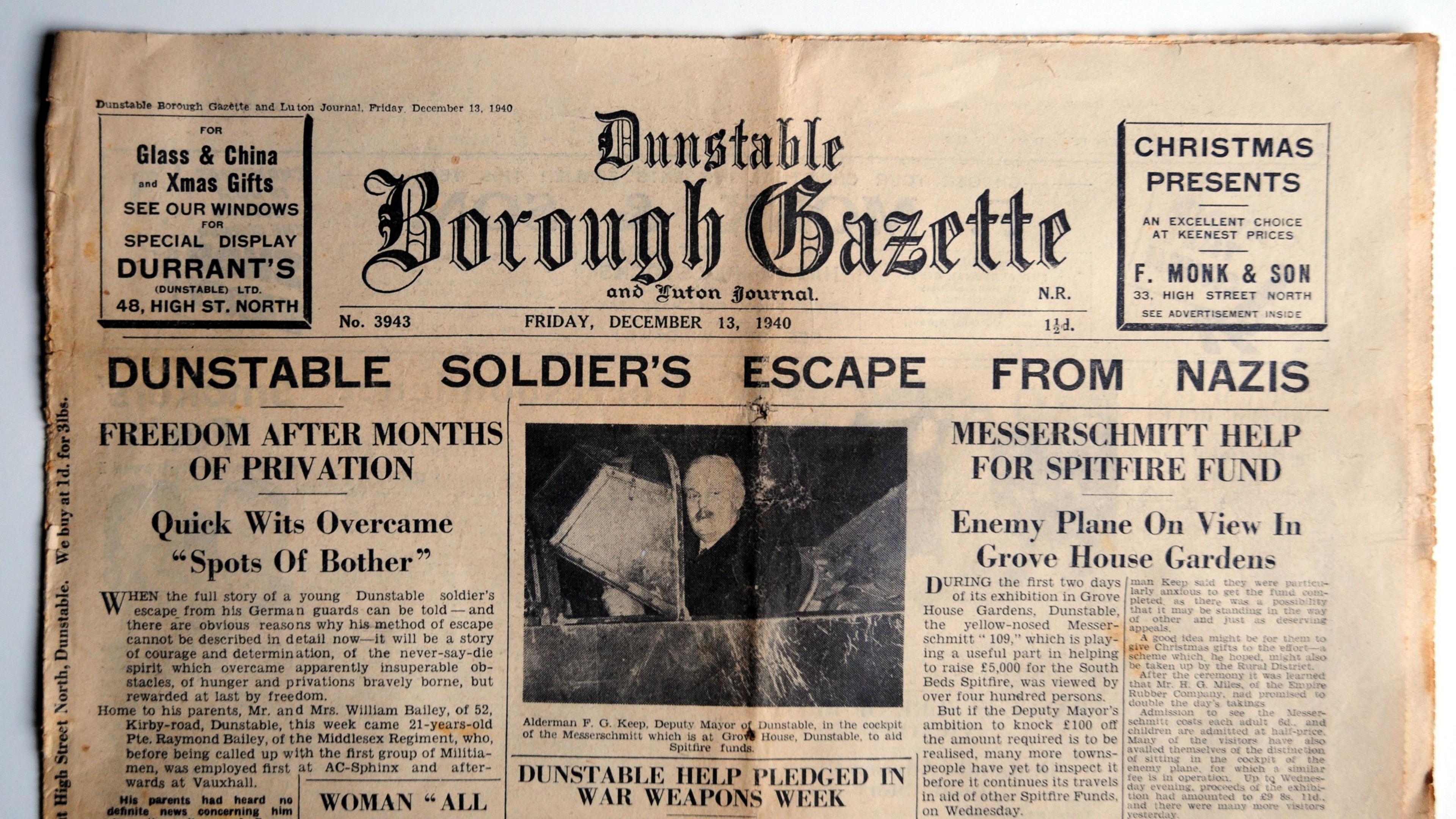 A Dunstable Borough Gazette from December 13, 1940. There are several stories about the war on the front page. At the top a headline reads "Dunstable Soldier's Escape from Nazis"