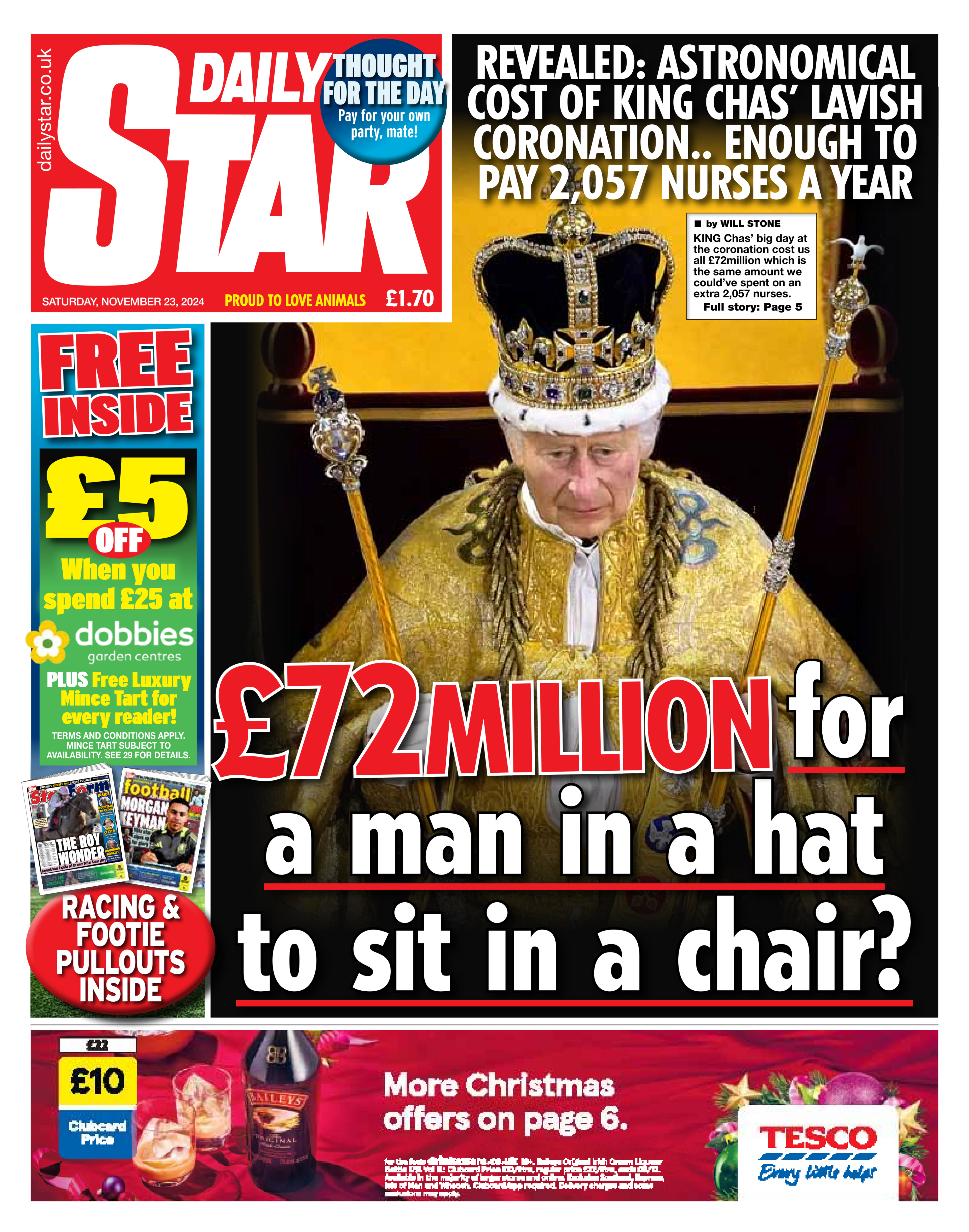 The Daily Star front page with headline: "£72 million for a man to sit in a chair?"