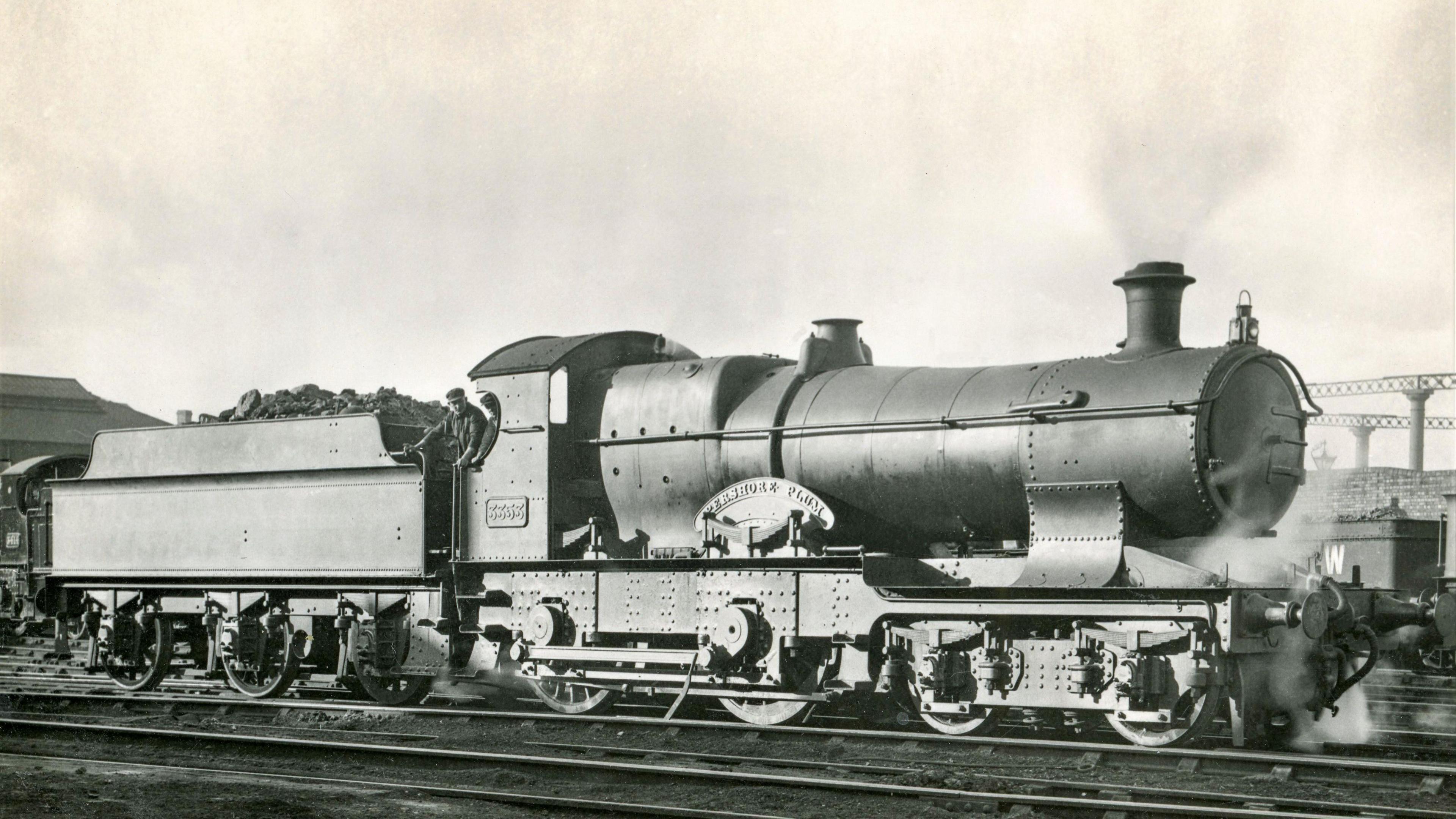 A black and white photo of the Pershore Plum locomotive on the sidings of Wolverhampton Stafford Road