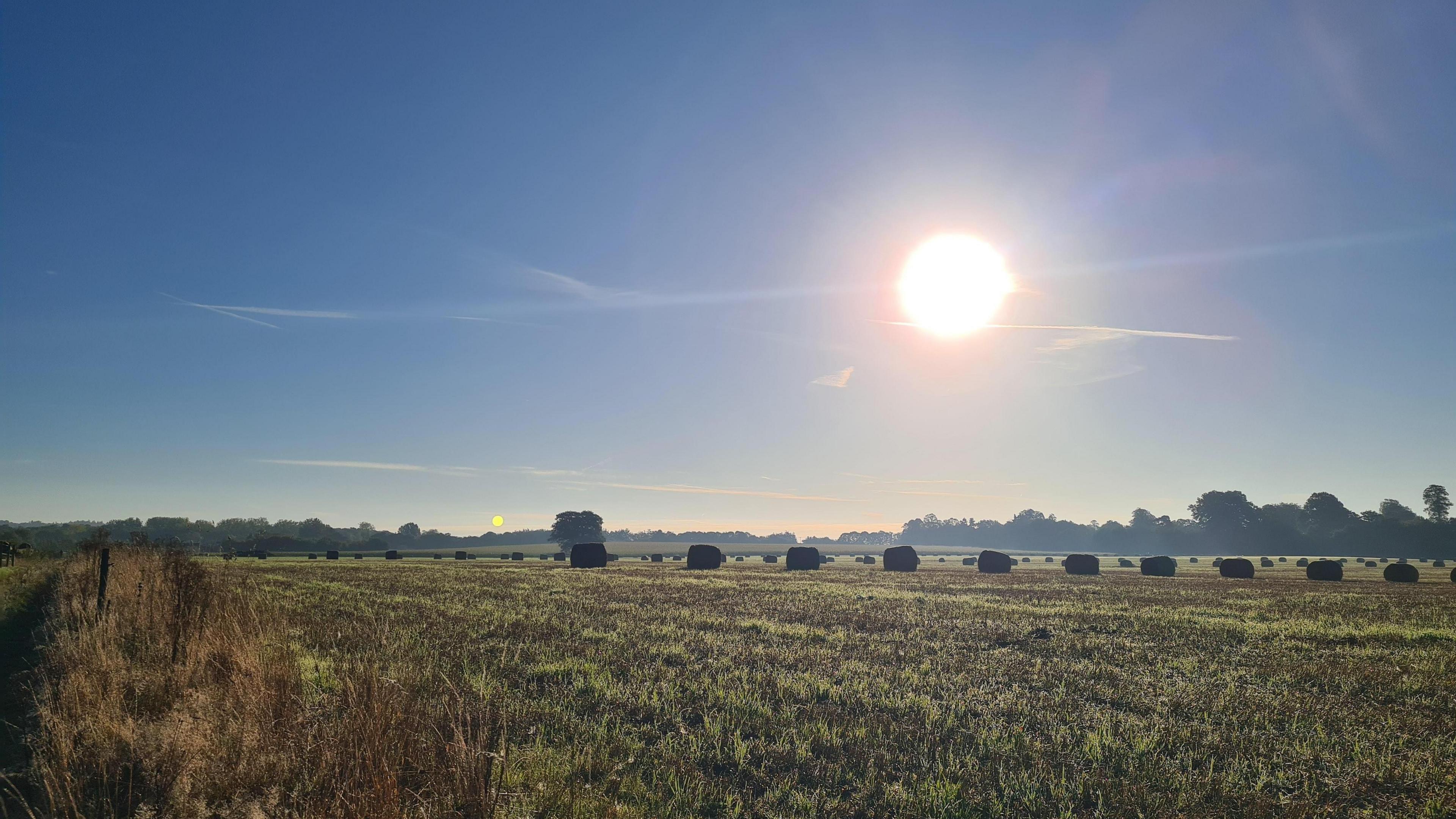 A low sun rises in the image over a field with hay bales. A tree line can be seen in the distance. The sky is clear