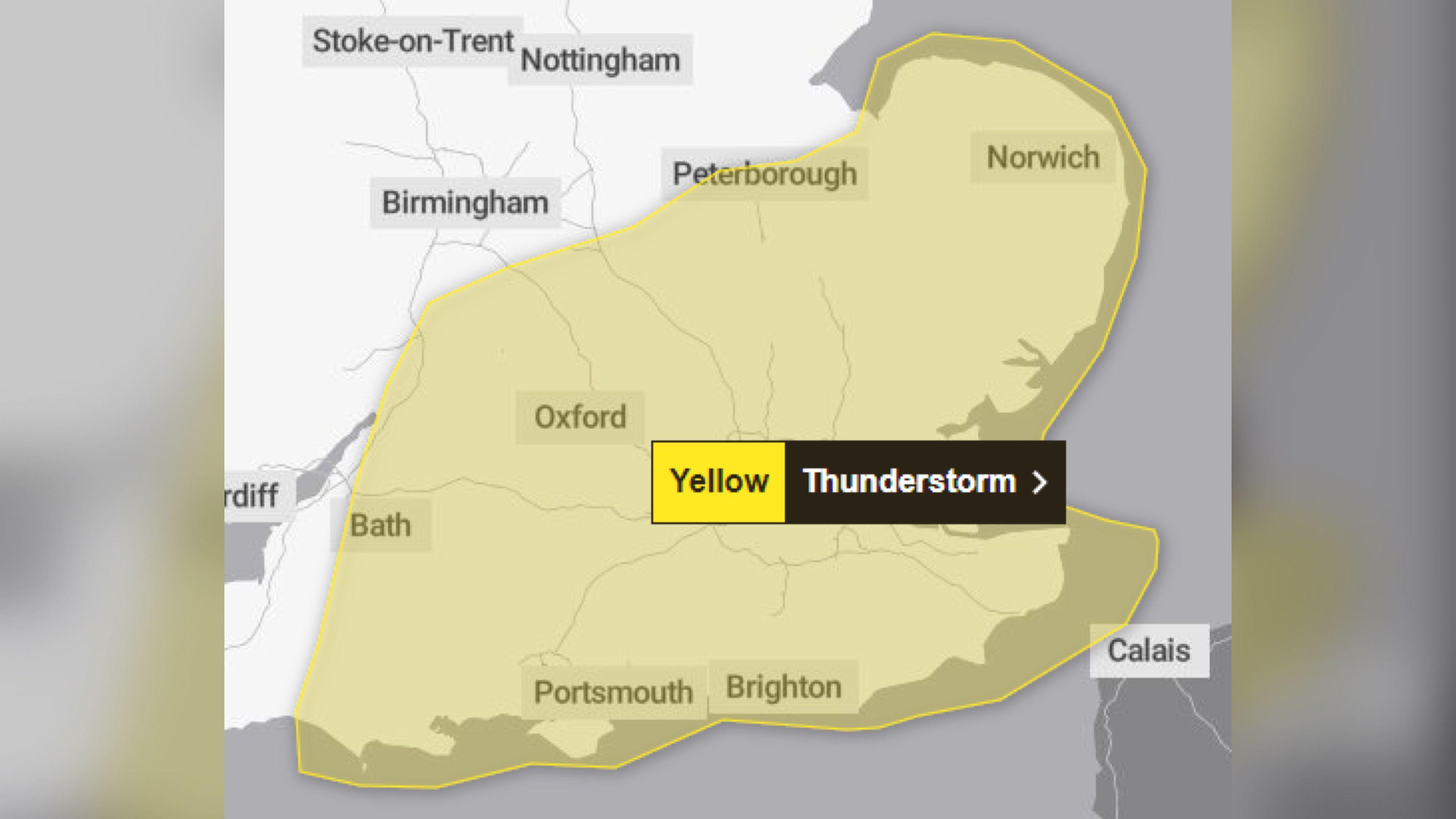 A map showing where the warning is in force