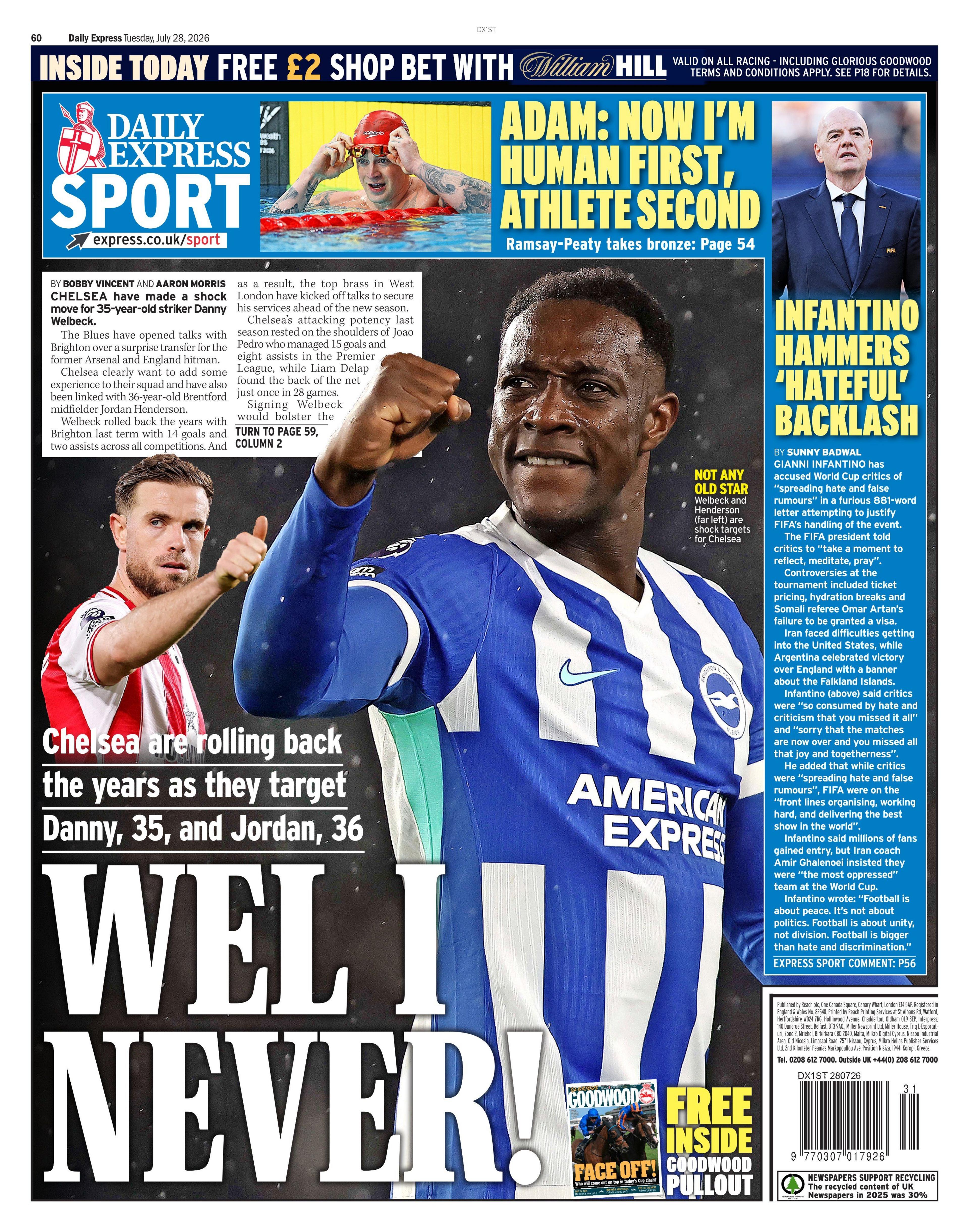 Back page of the Daily Express on 28 July 2026