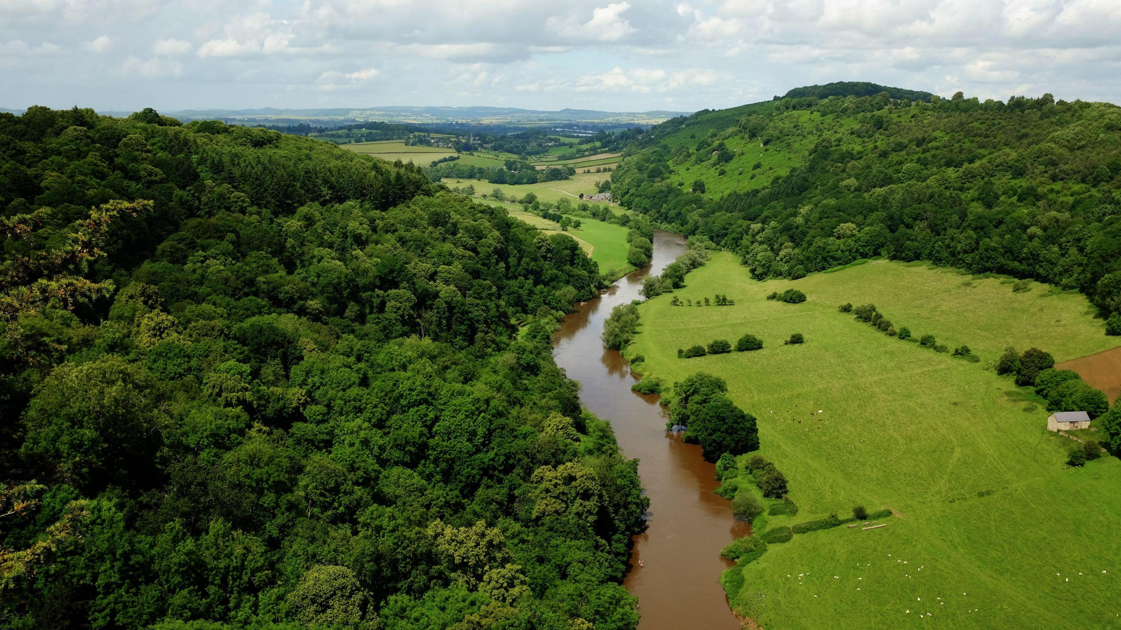 Llun o'r awyr o Afon Gwy, ger Symonds Yat.