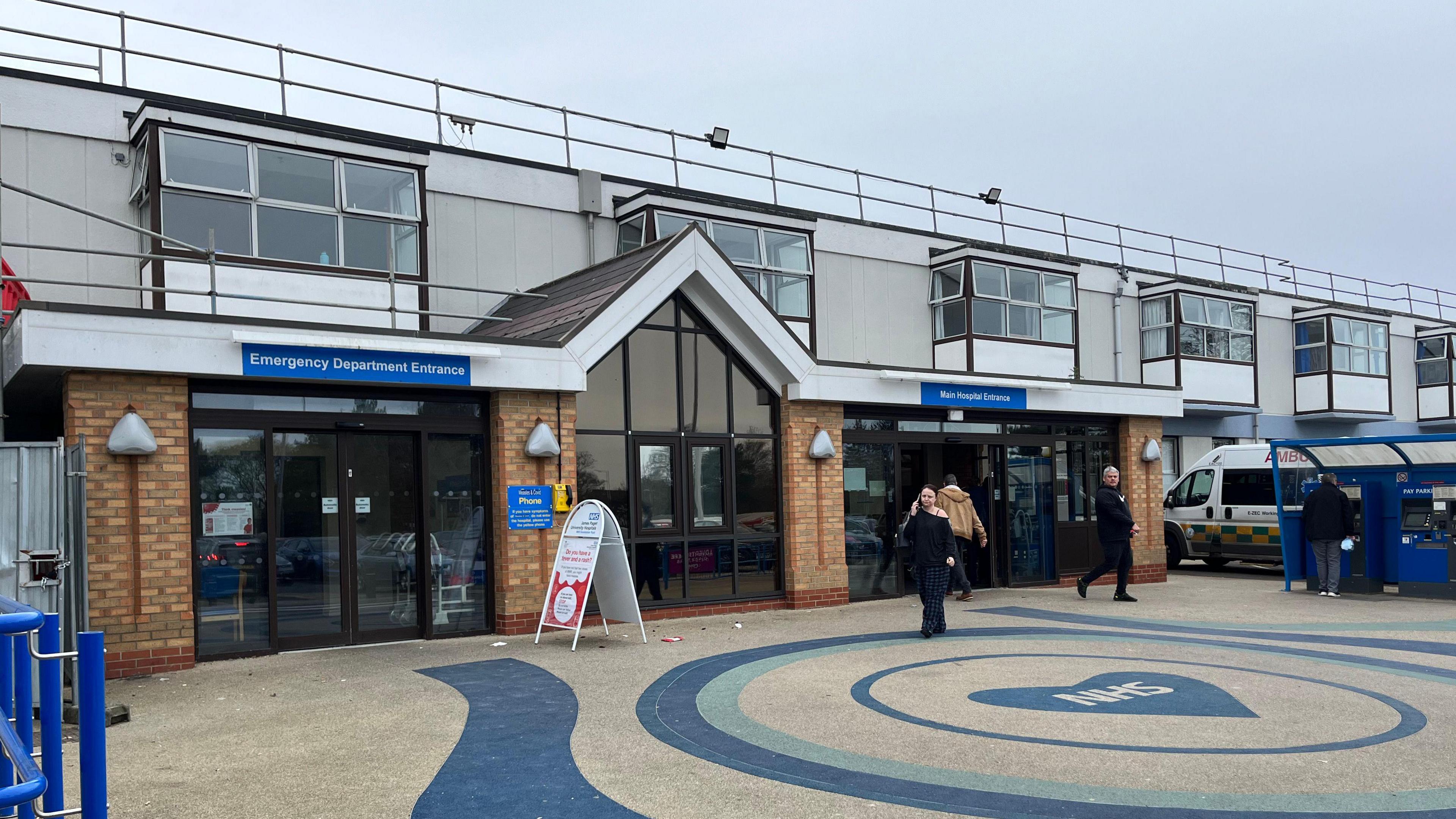 The entrance to the James Paget's emergency department. It is a two-storey tall building.