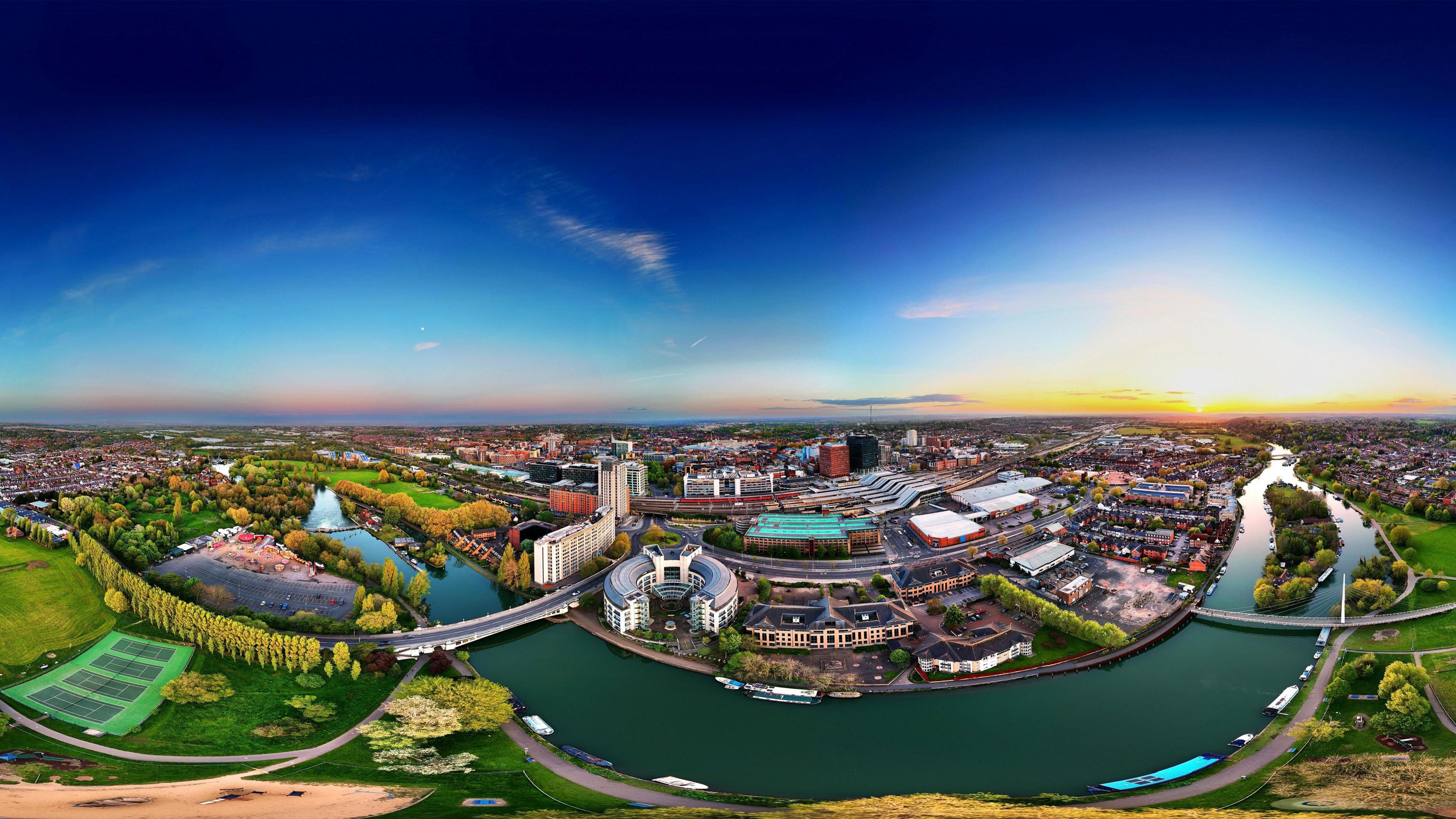 SATURDAY - An aerial view over Reading at sunset