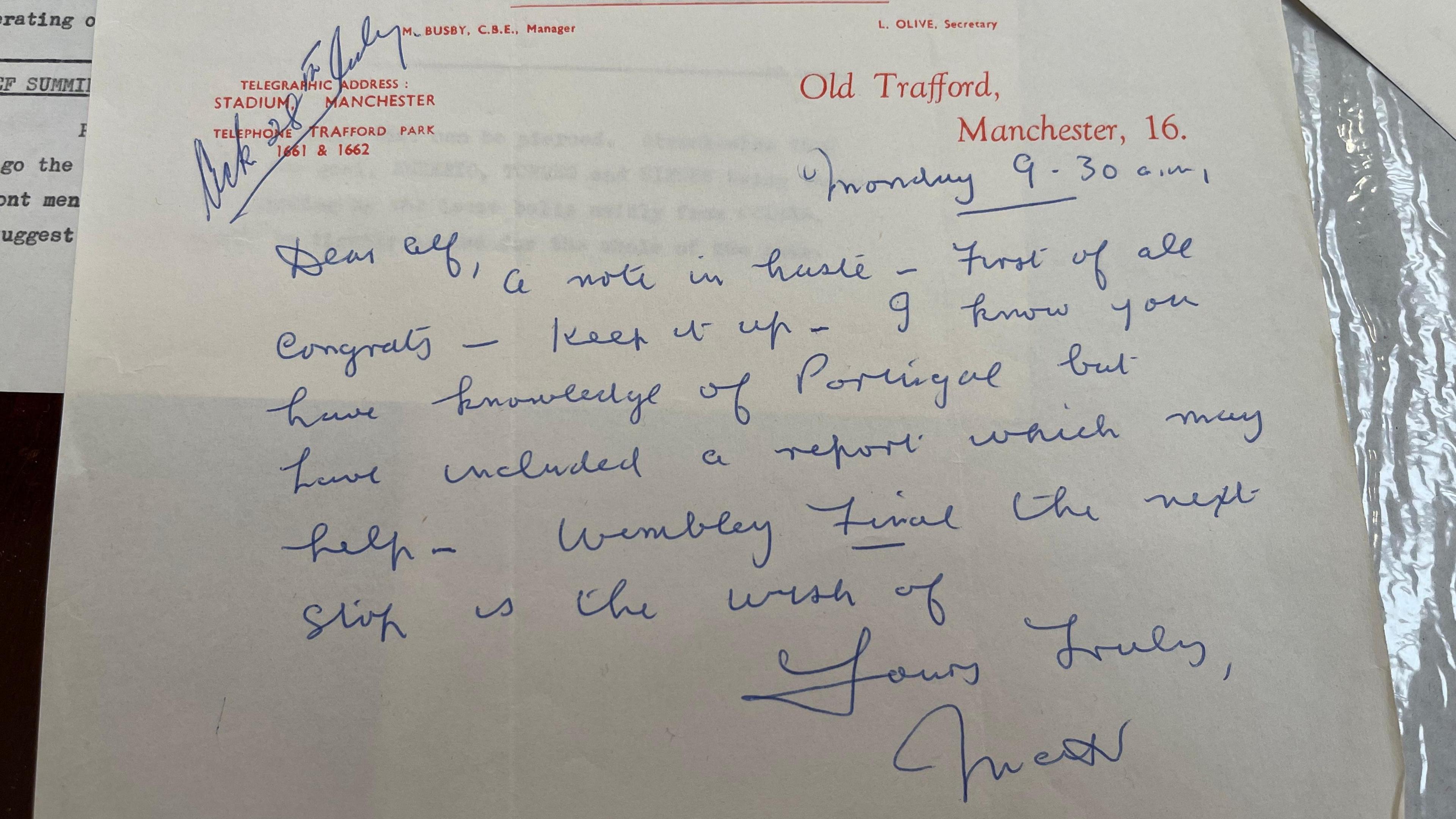 A letter addressing Sir Alf Ramsey on Old Trafford, Manchester headed paper