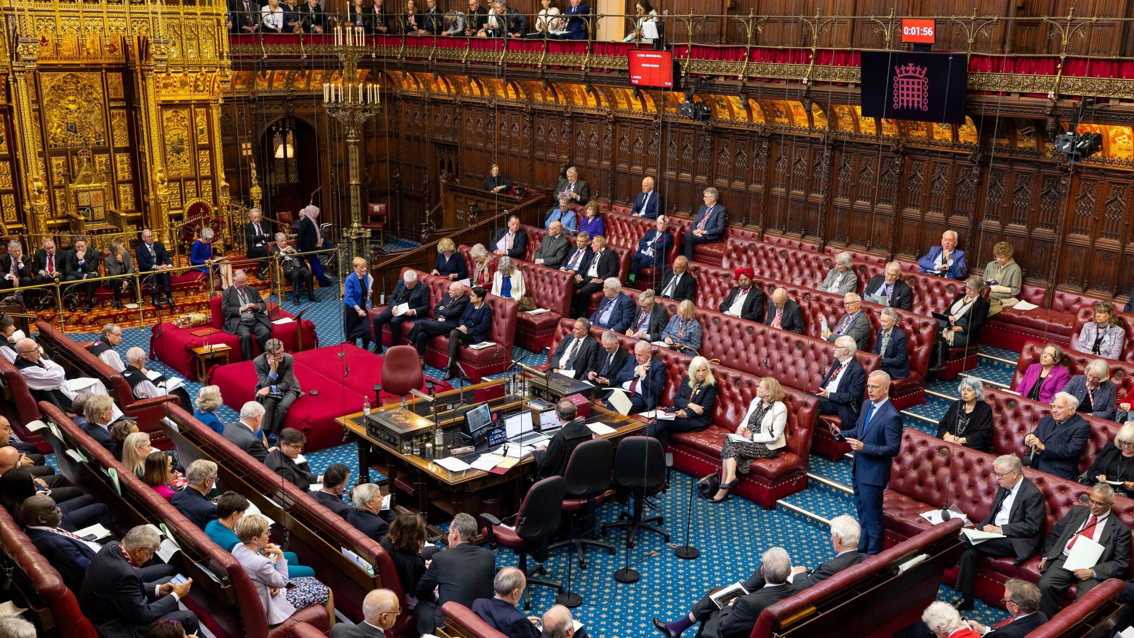 Peers in the House of Lords holding a debate, sitting on the red benches as one of the speakers addresses the chamber