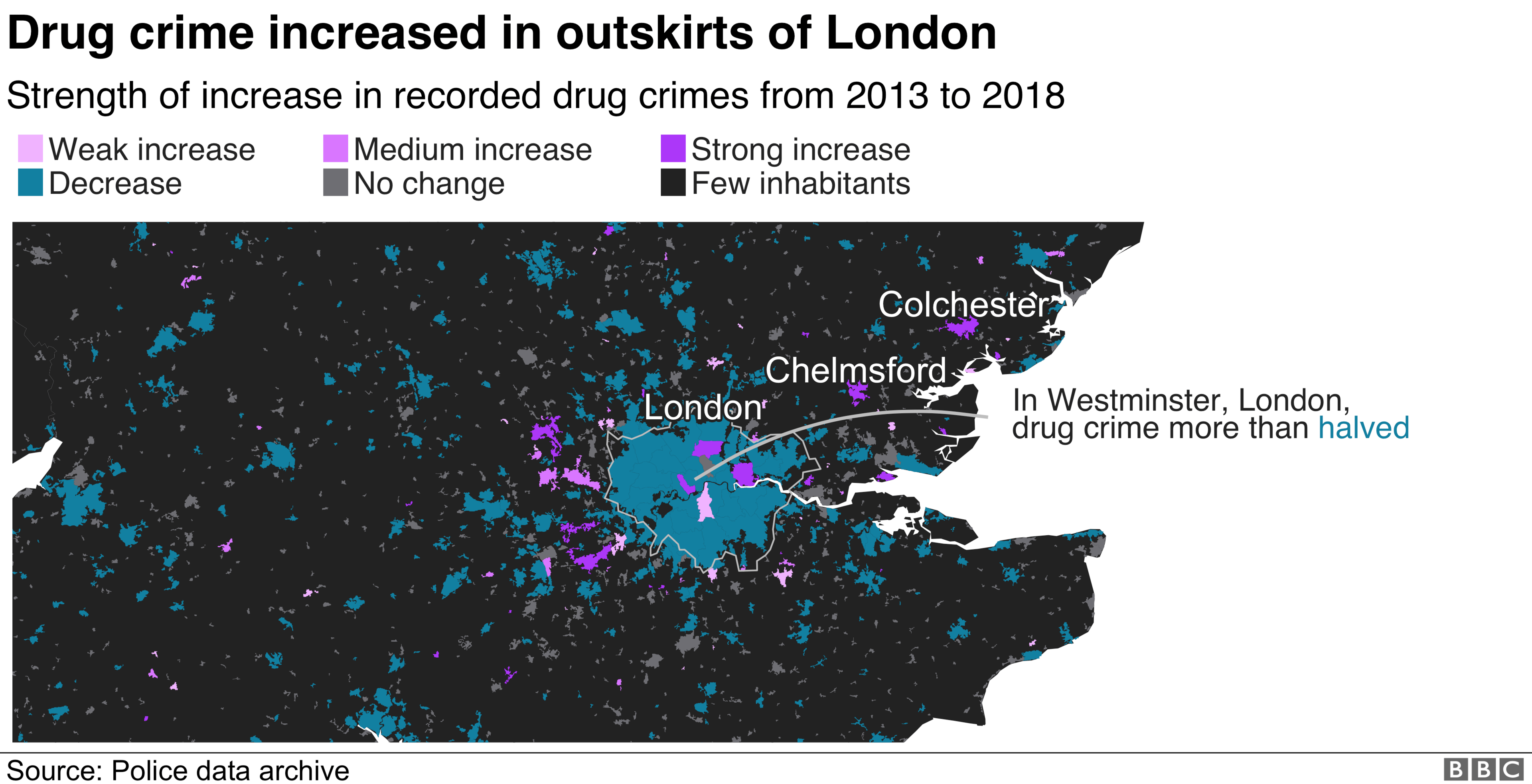 Map showing drug crime in the south east