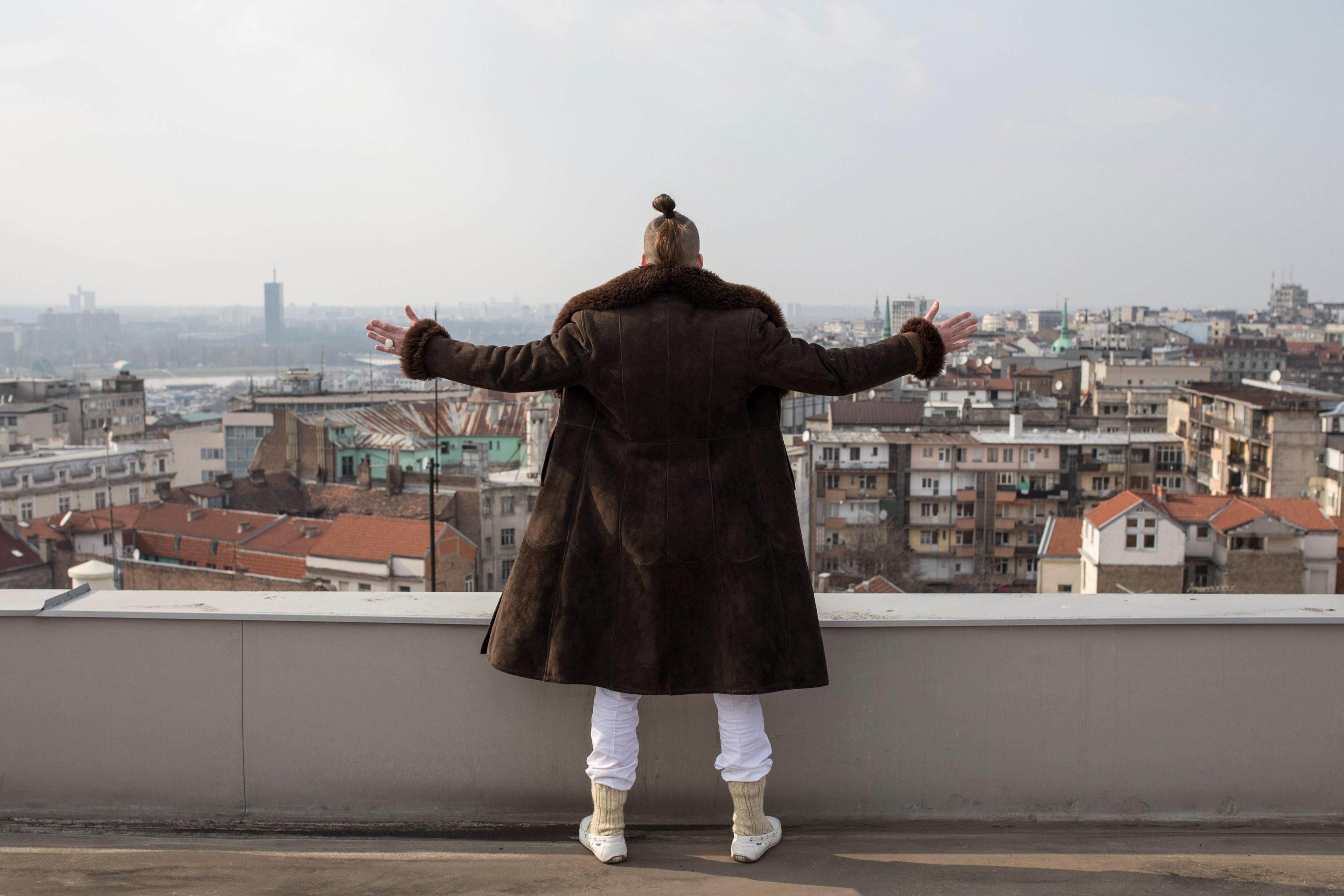 Student and 2017 presidential candidate Luka Maksimovic, 25, poses for a picture as his alter ego "Ljubisa "Beli" Preletacevic" a parody of the worst politician in the Balkans,in Belgrade, Serbia, March 14, 2017.