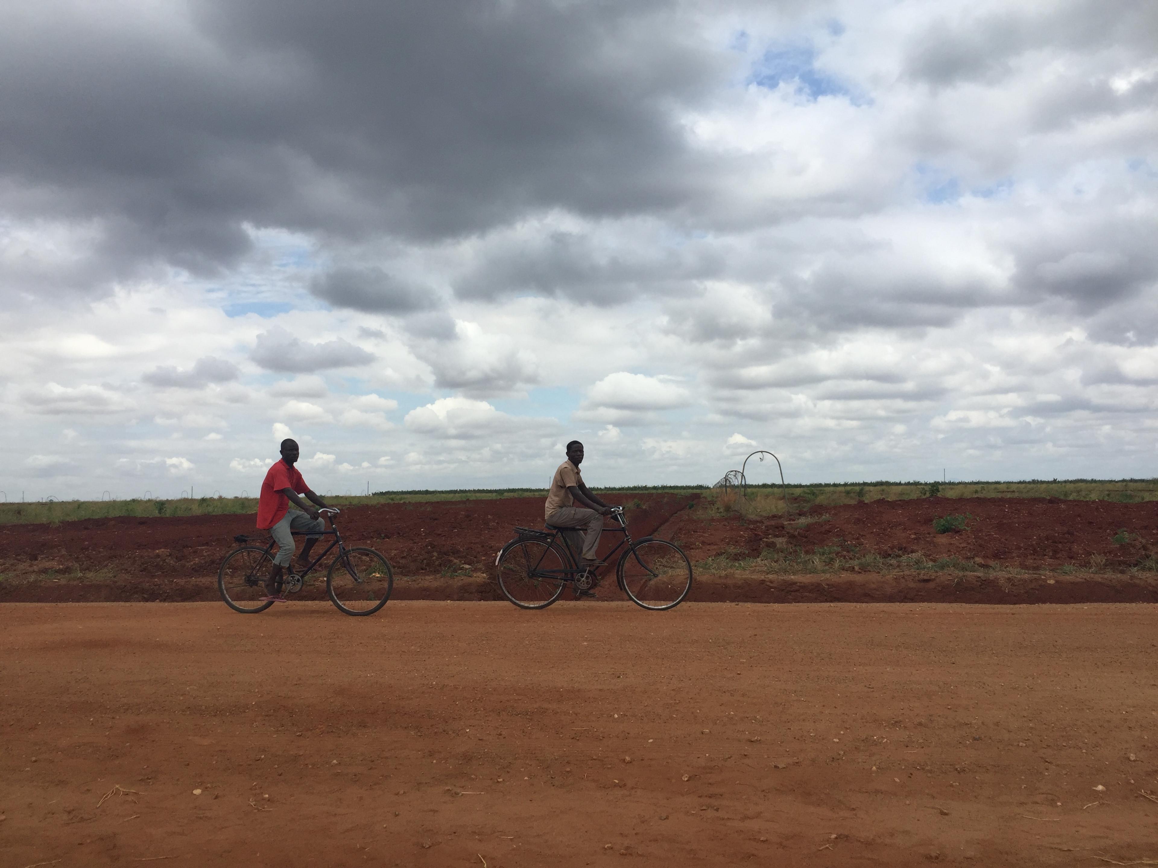 Boys riding bike in front of empty fields