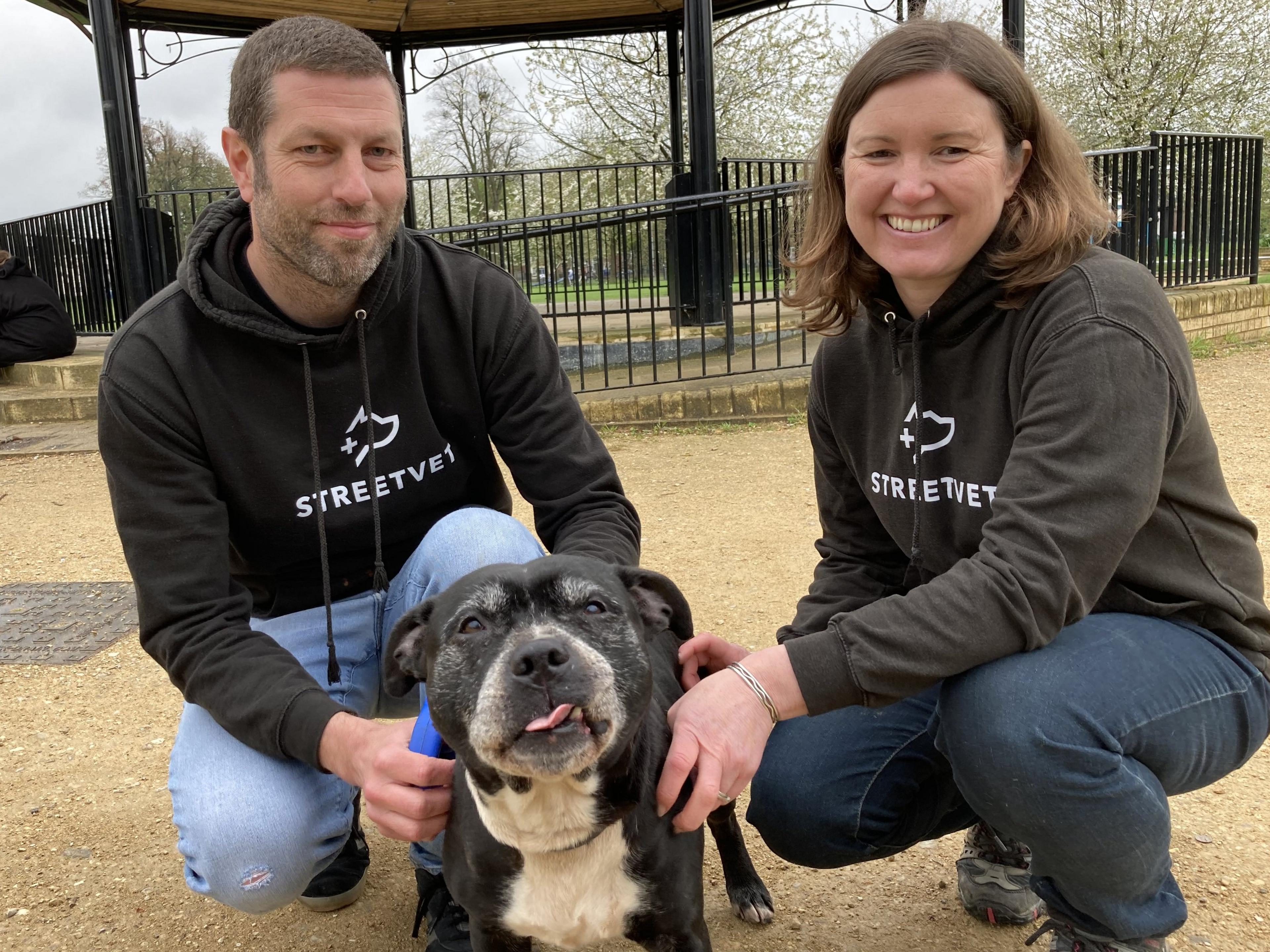 Two volunteer vets knelt down with a black Staffordshire bull terrier with its tongue poking out