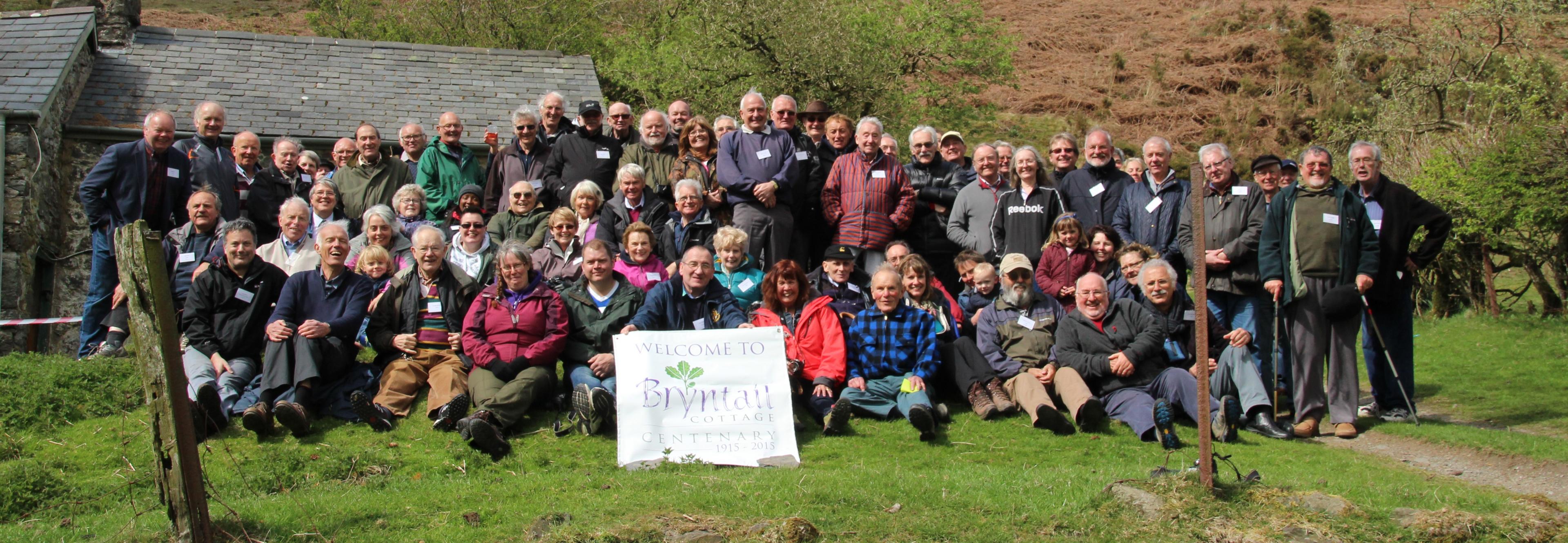 2015 reunion of former Bryntail campers (100th anniversary celebrations) in front of Bryntail cottage