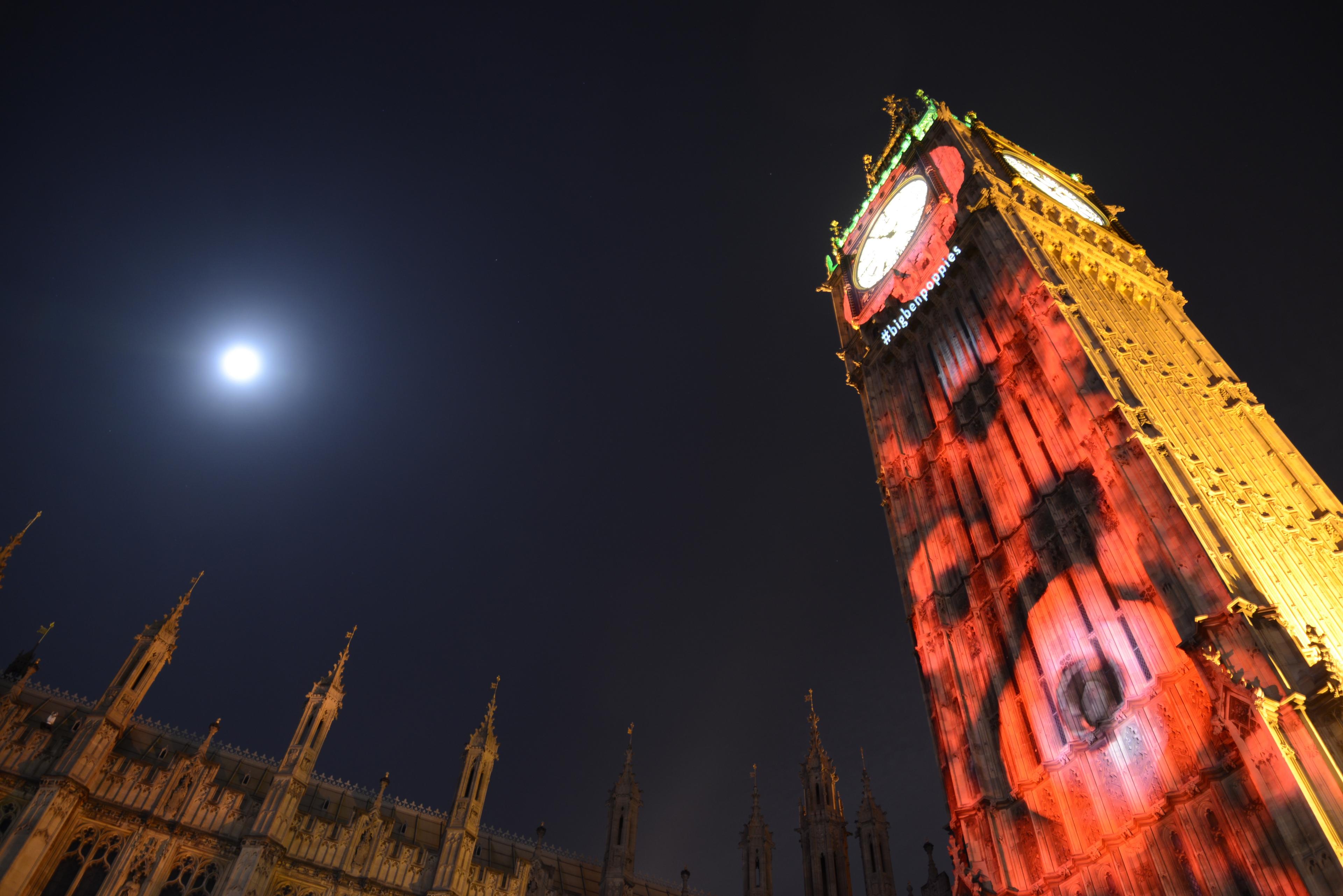 The supermoon next to Big Ben in Westminster, London