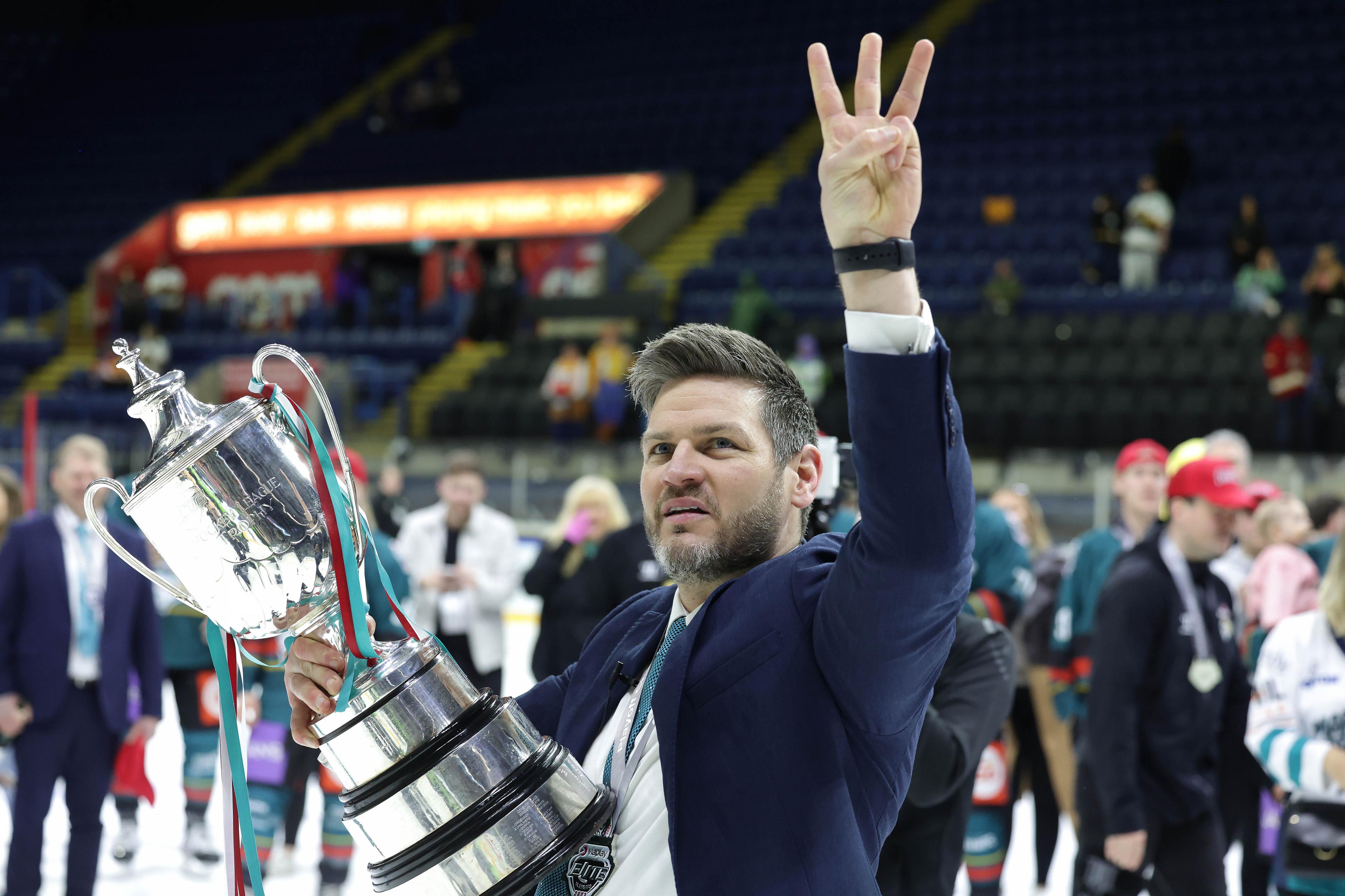 Belfast Giants coach Adam Keefe celebrates