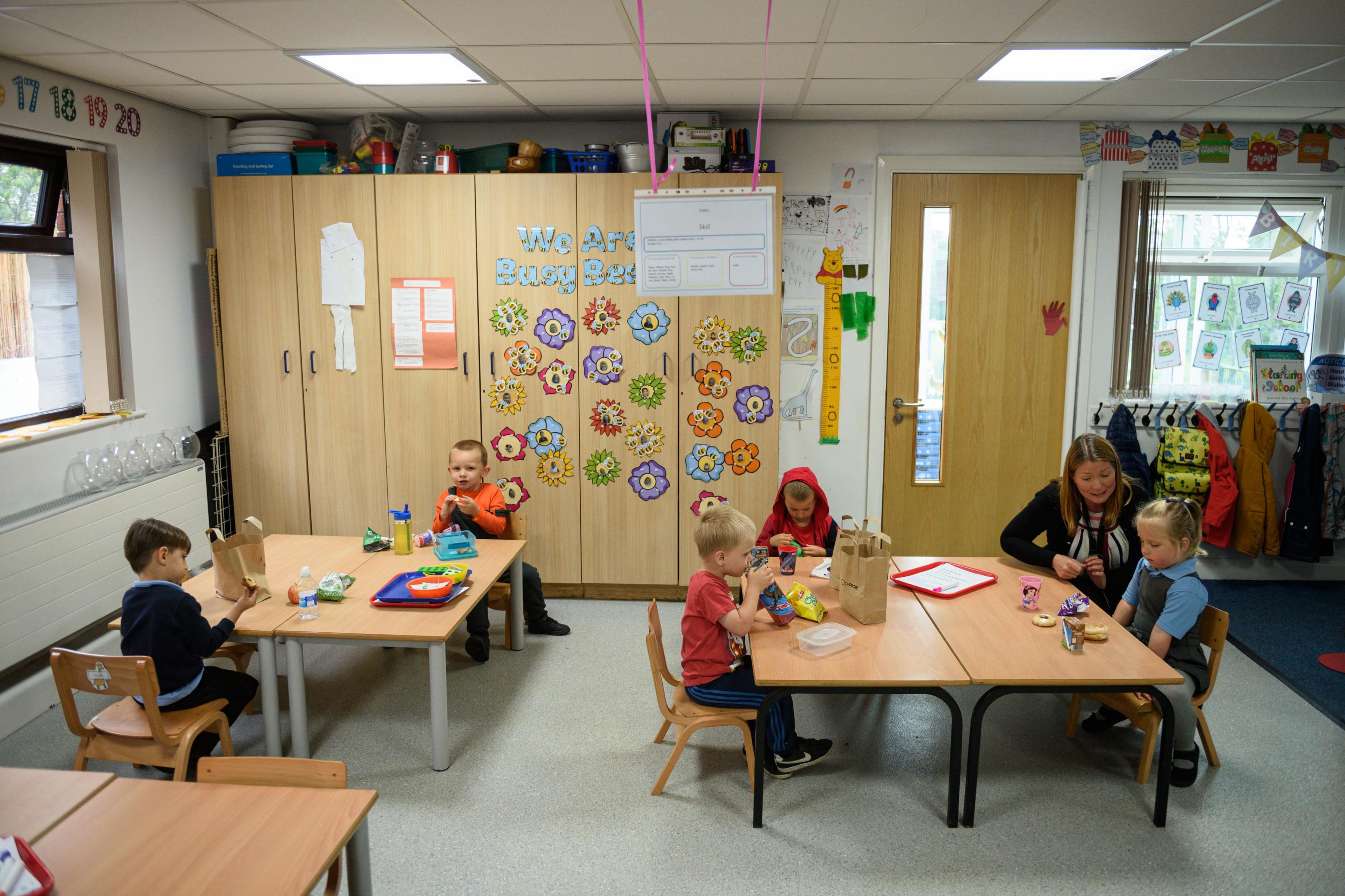 Pre-school teacher supervises a group of young children