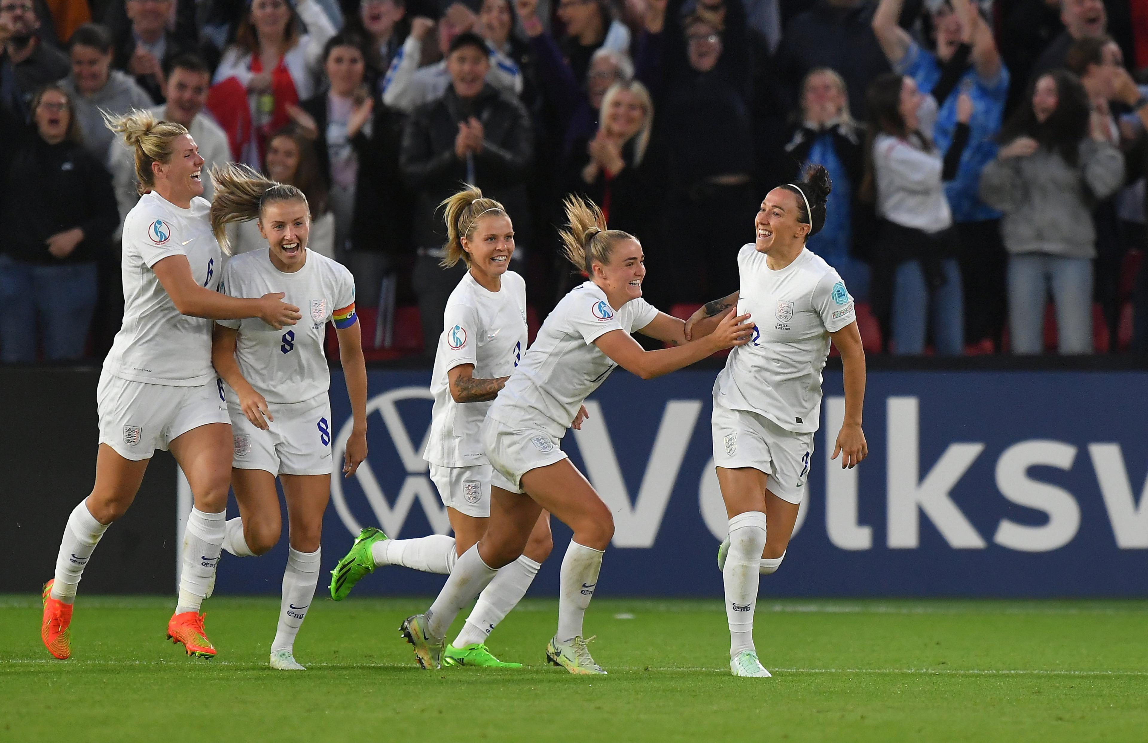 The Lionesses celebrate as they beat Sweden 4-0 in the semi-final of the Euro 2022