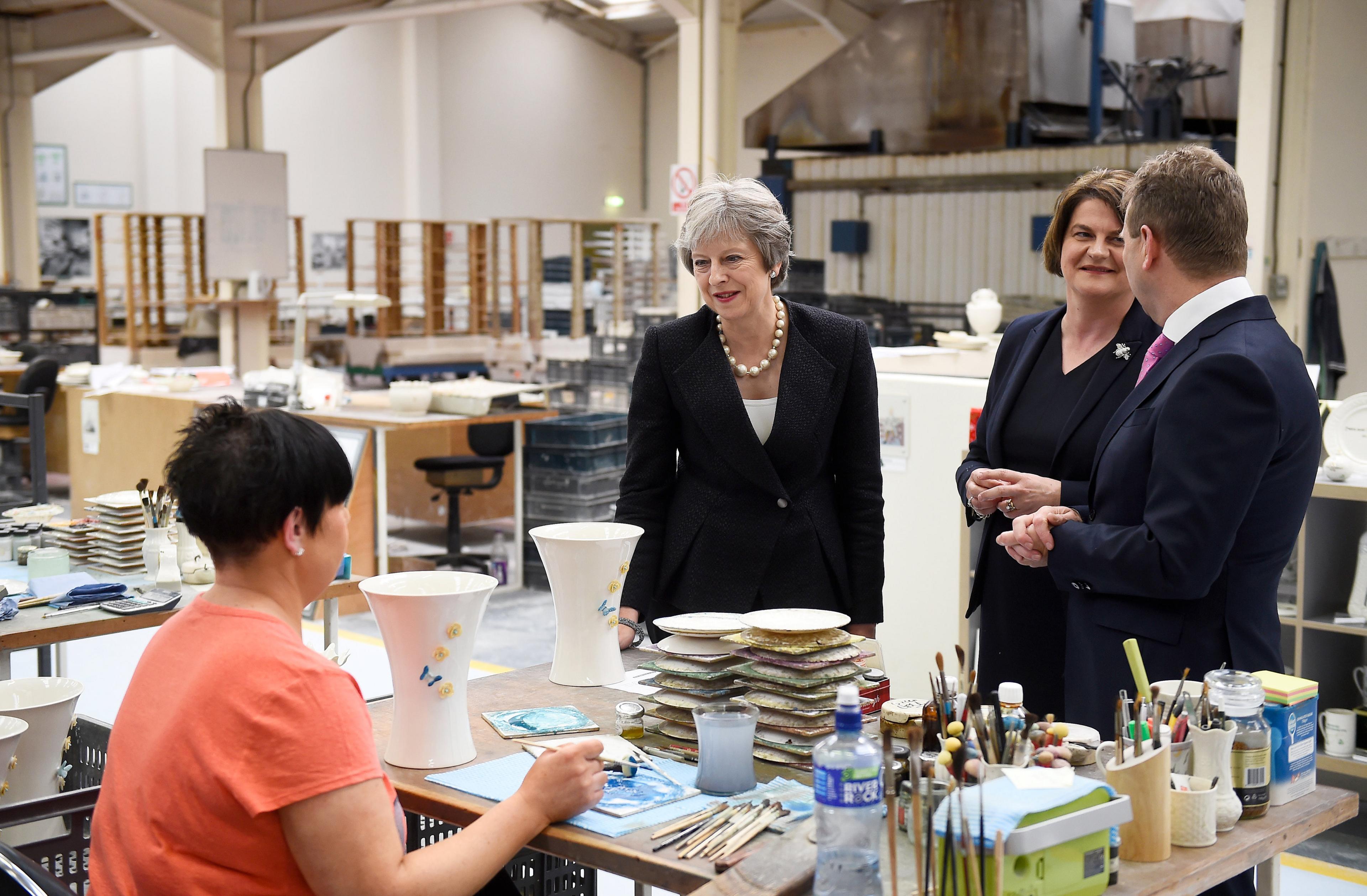 Theresa May and Arlene Foster visiting Belleek Pottery in County Fermanagh