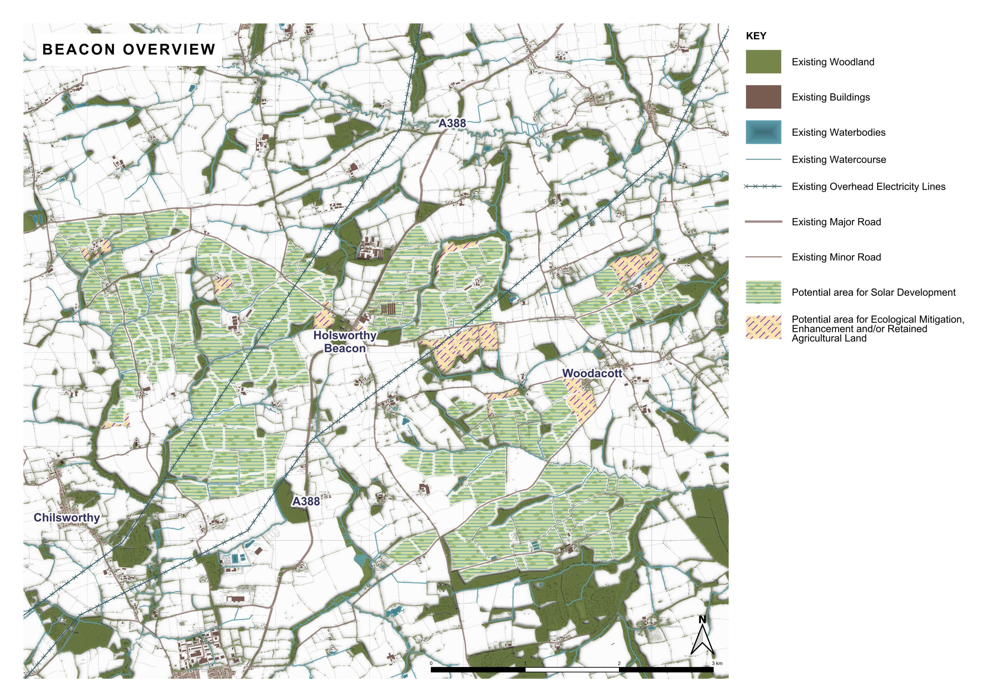 A graphic of an area of countryside, with areas shaded green