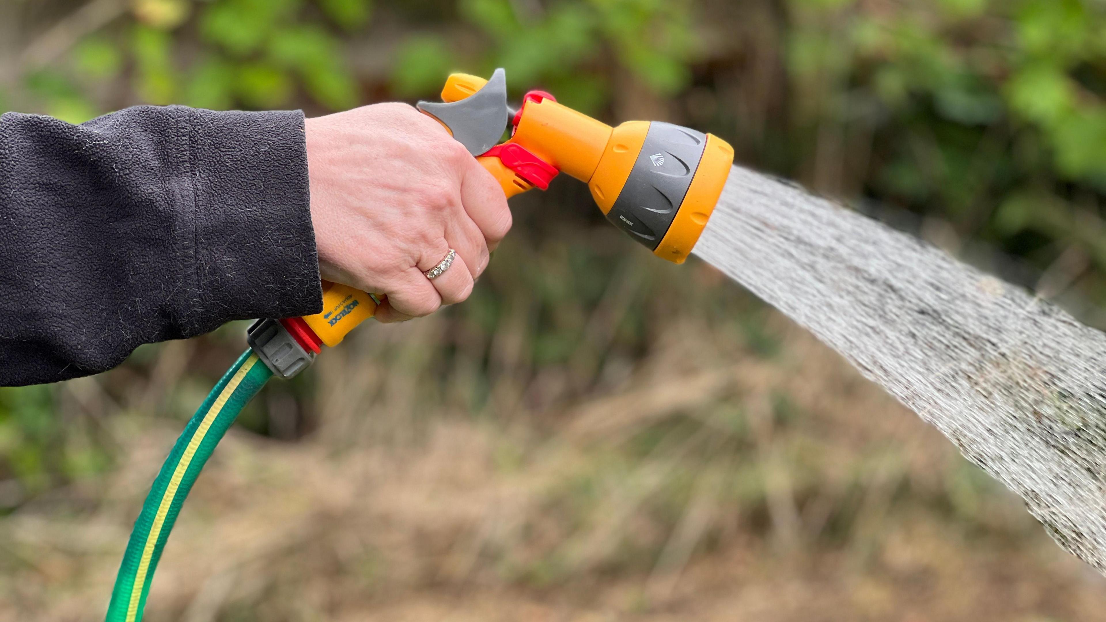 A person with a diamond ring on one of their fingers sprays a hosepipe in a garden.