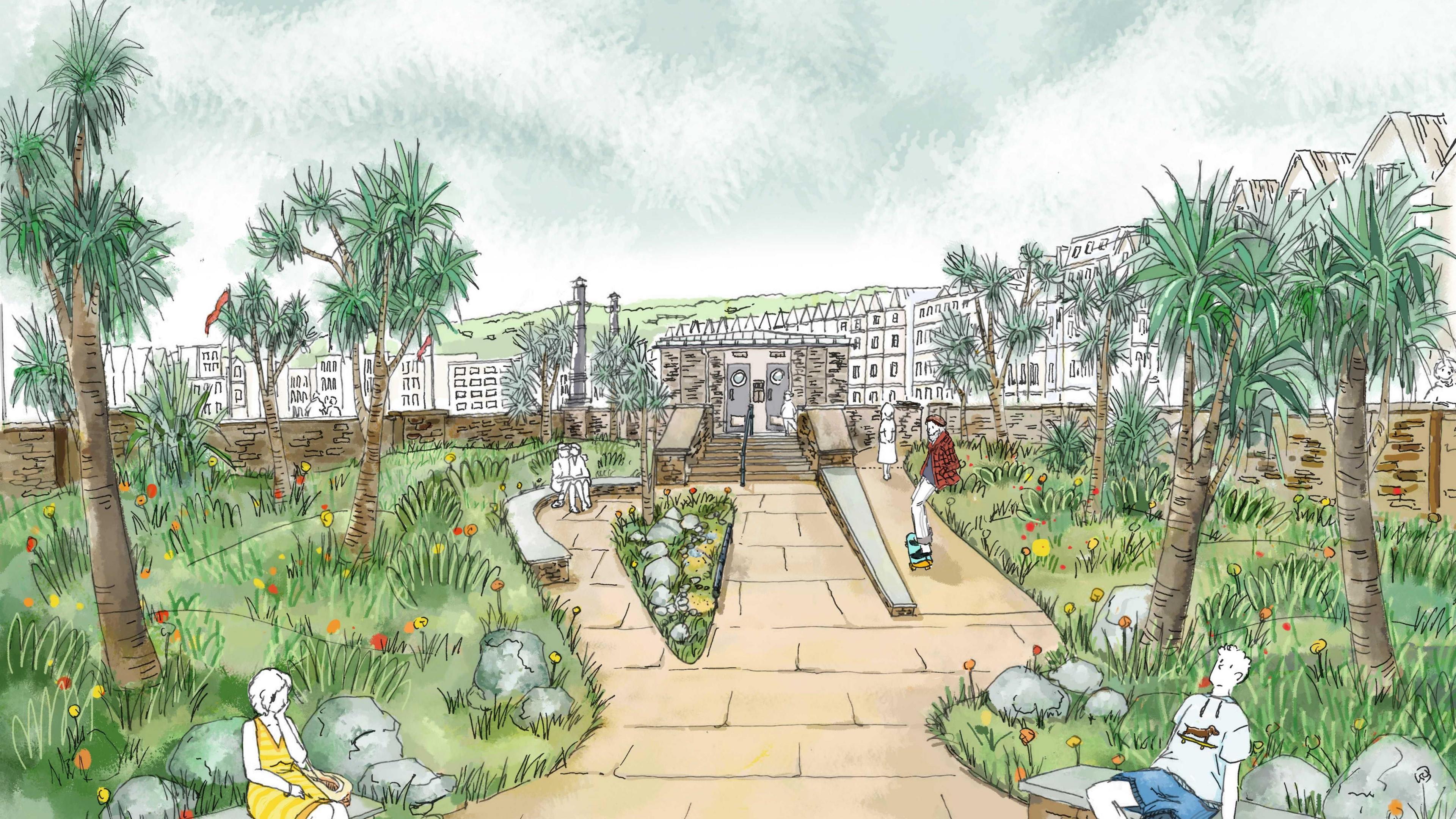 An artist's impression of Marine Garden five, there are curved patches of grass and plants, someone on a skateboard rides down a ramp, there is also a curved bench on the other side of the garden.