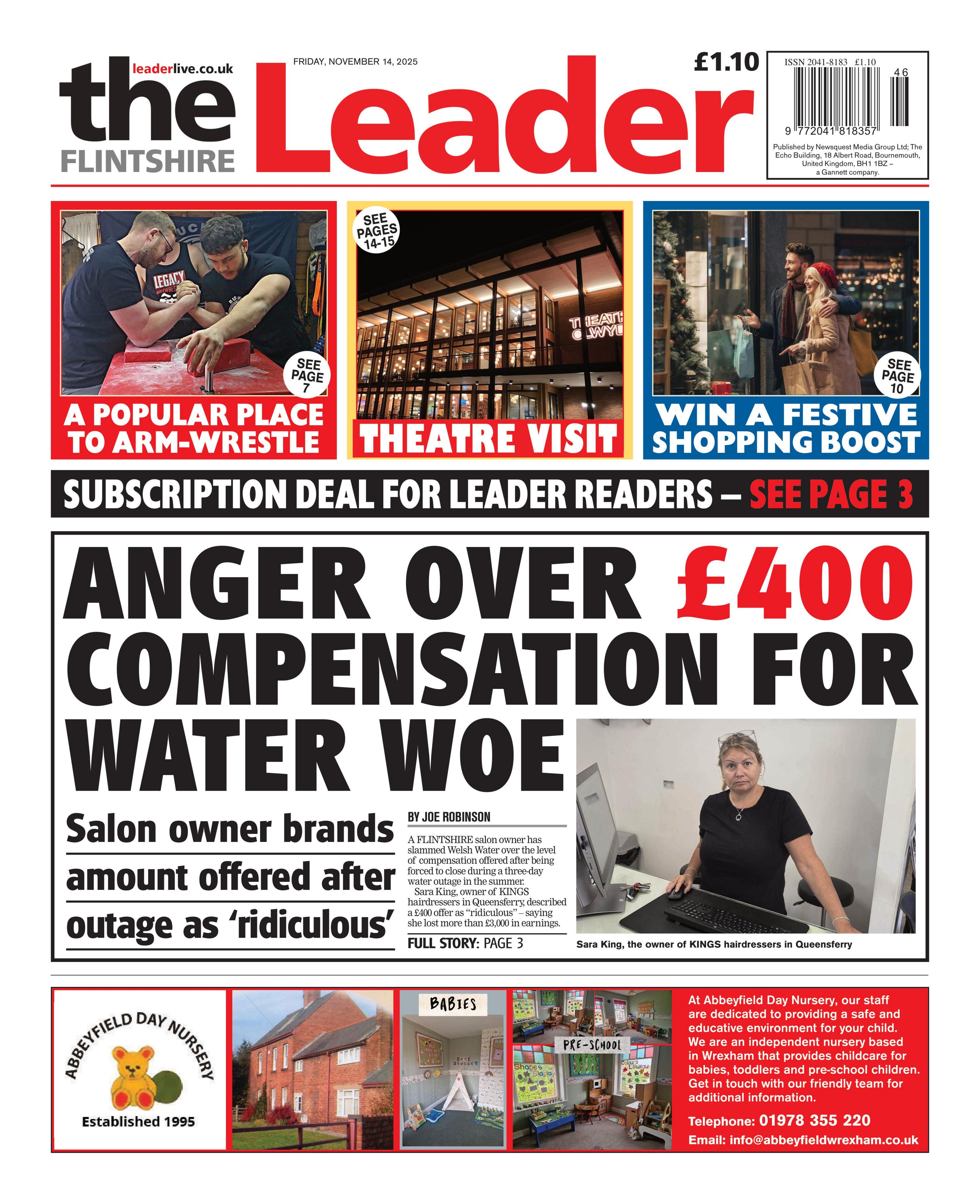 The front page of the Flintshire Leader. Main headline reads: Anger over £400 compensation for water woe