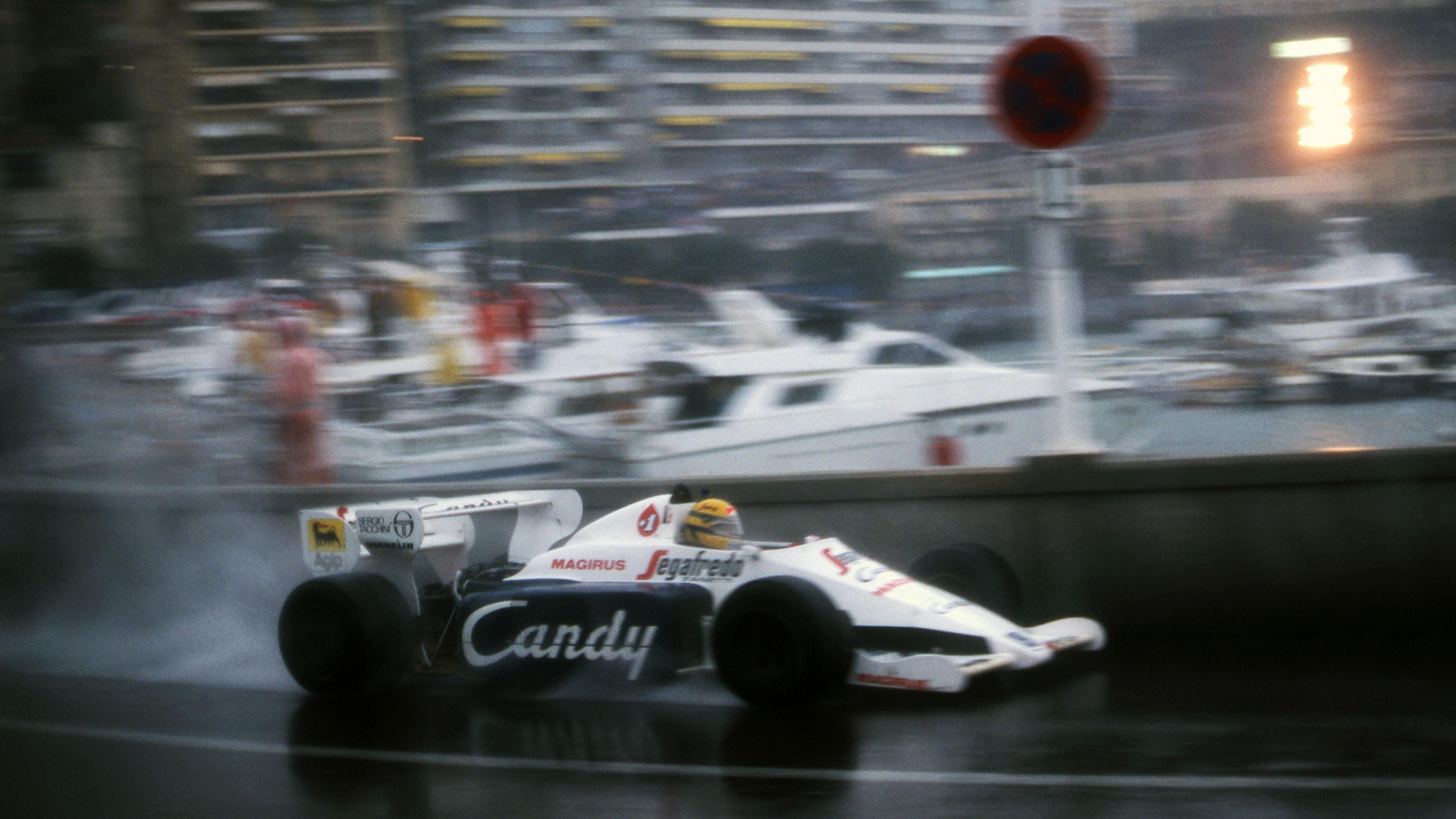 Ayrton Senna drives his Toleman through heavy rain on his way to a second-place finish in 1984