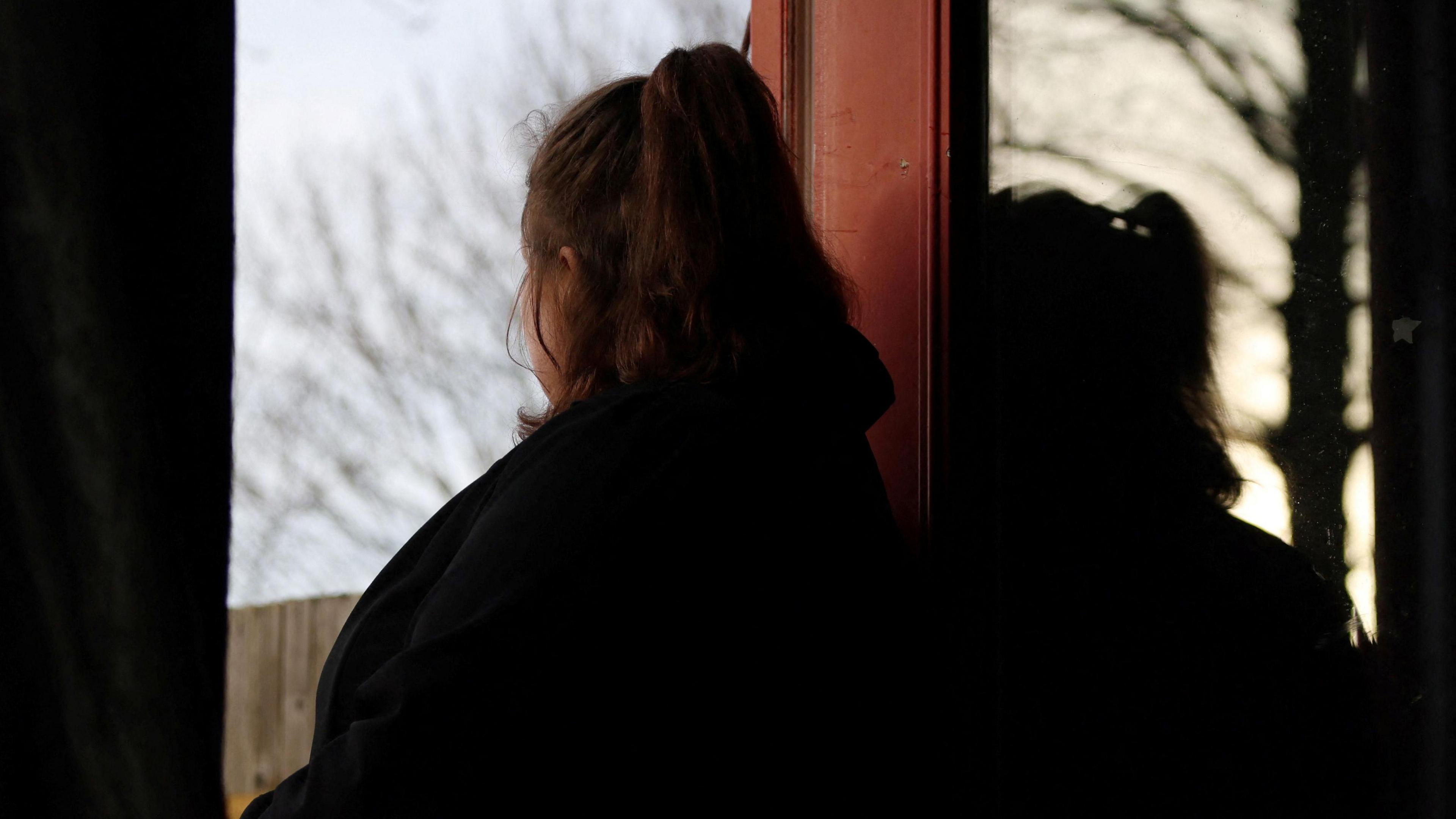 A girl with her back to the camera looks out a window. 