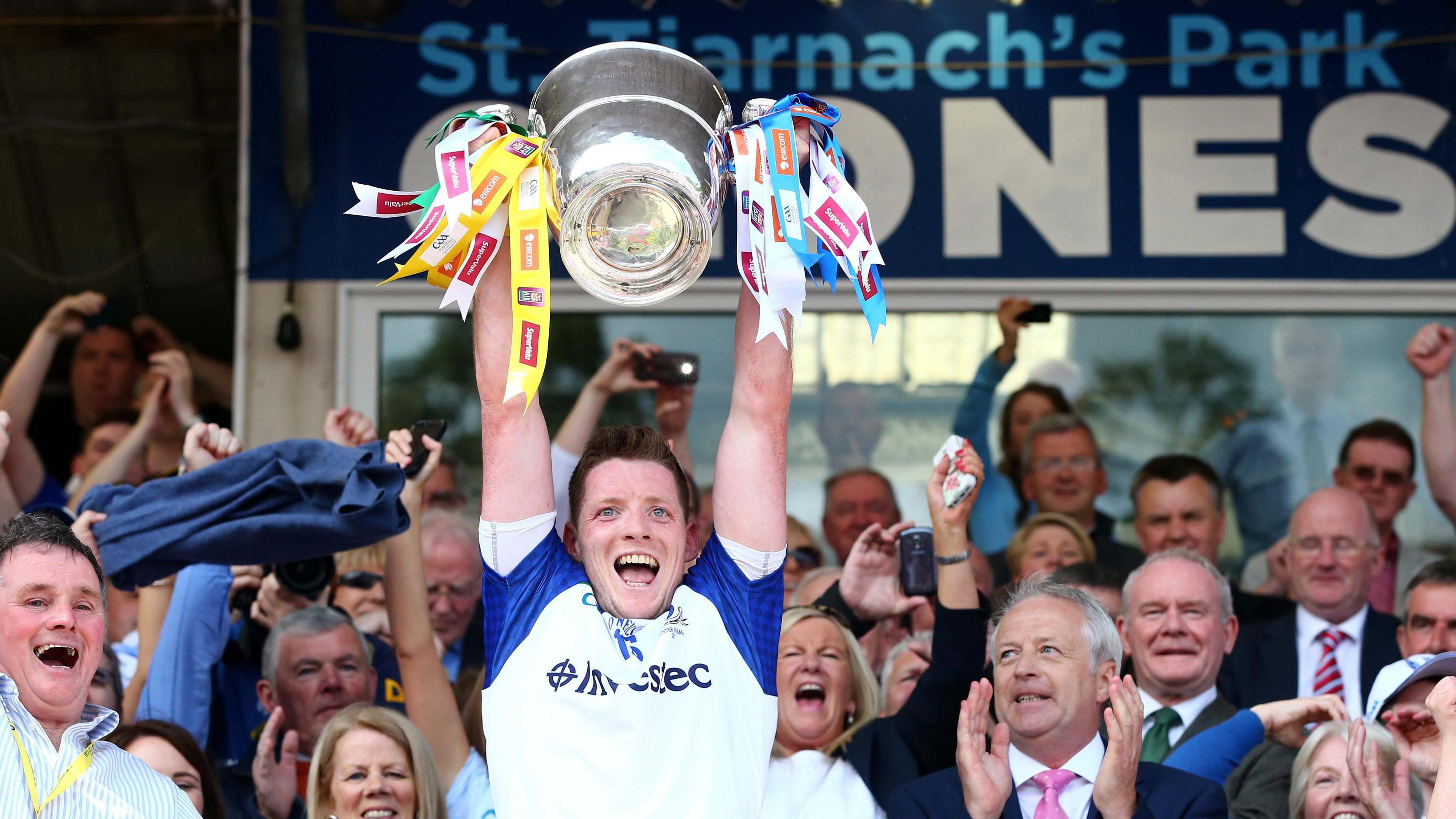 Conor McManus lifts the Ulster title as Monaghan captain in 2015 after victory over Donegal in Clones.