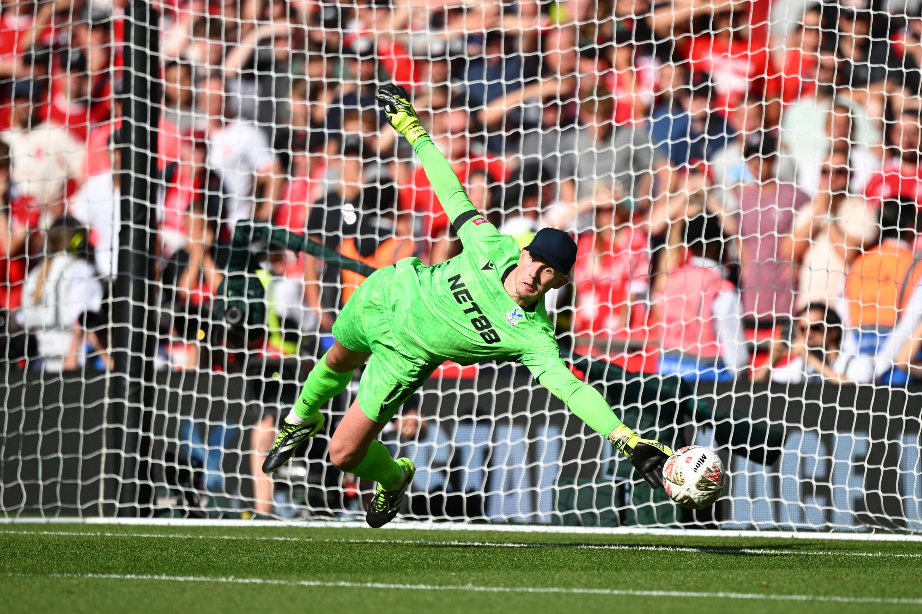 Crystal Palace keeper Dean Henderson saves a penalty kick from Liverpool's Alexis Mac Allister in the FA Community Shield shootout at Wembley Stadium. Photo by Clive Mason