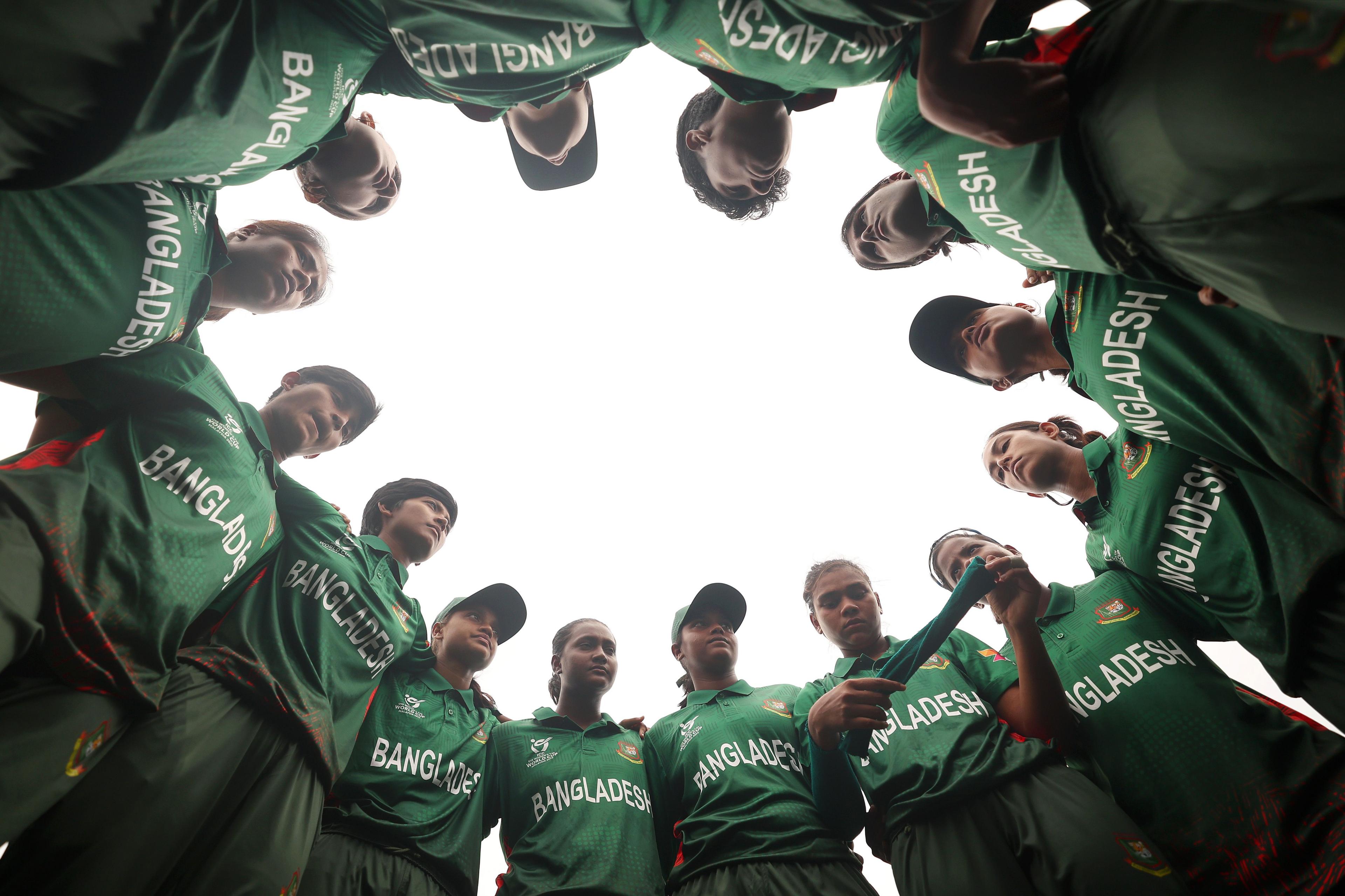 Bangladesh players huddle prior to the ICC Women's U19 T20 World Cup 2025: Super Six match between Bangladesh and West Indies at Bayuemas Oval  in Kuala Lumpur, Malaysia