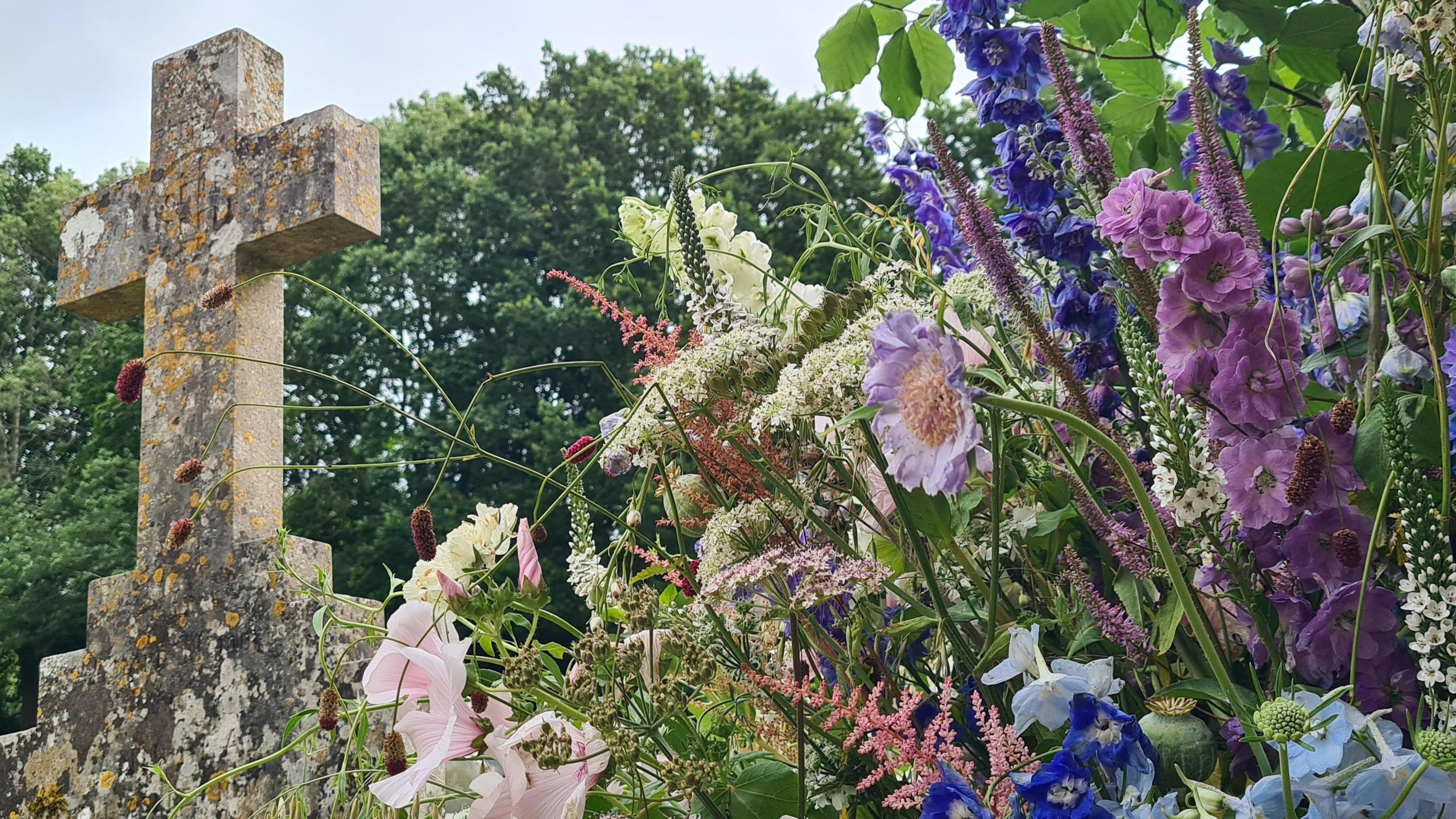 THURSDAY - Wildflowers growing in a graveyard in Appleton. On the right of the frame are pink, purple and white flowers with green leaves. To the left is a large stone cross with yellow moss growing on it. To the rear are several large trees and overhead the sky is grey