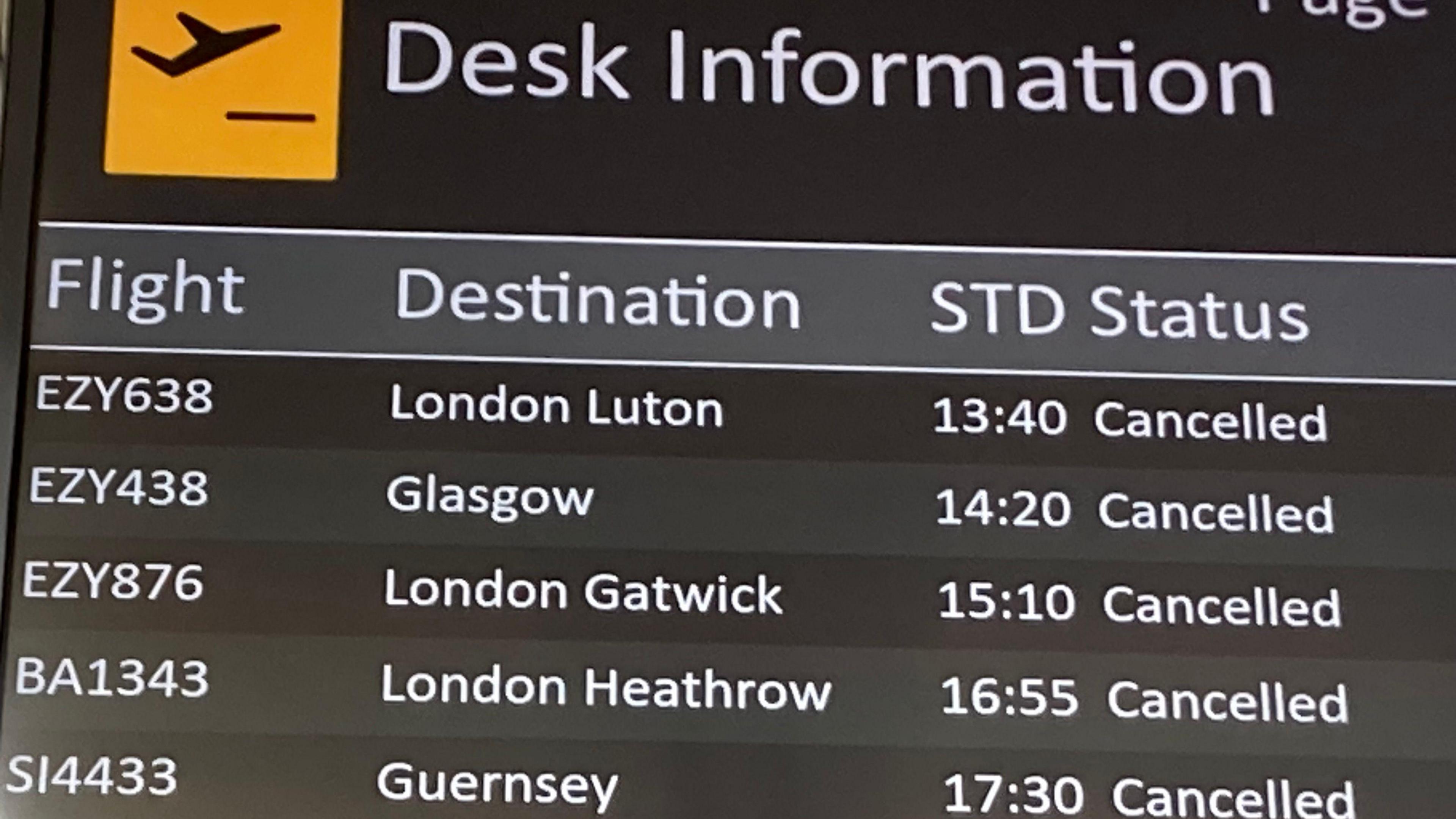 A departures board with flights to London Luton, Gatwick, Heathrow, Glasgow and Guernsey - all flights have been cancelled.