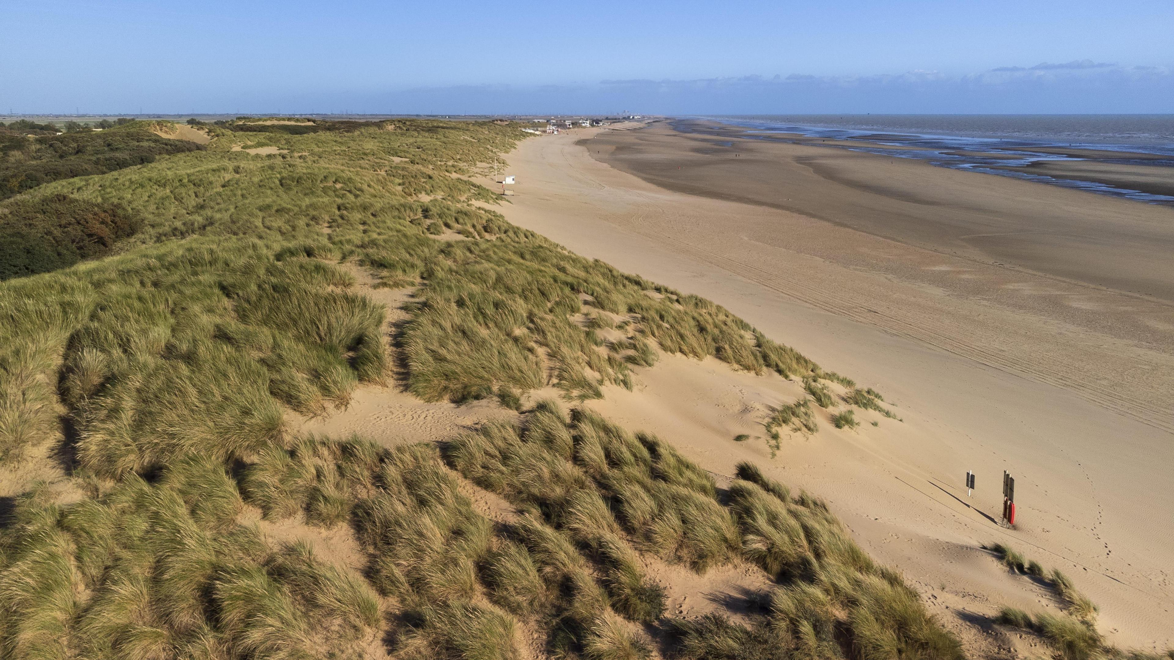 Aerial shot of sand dunes at Camber Sands
