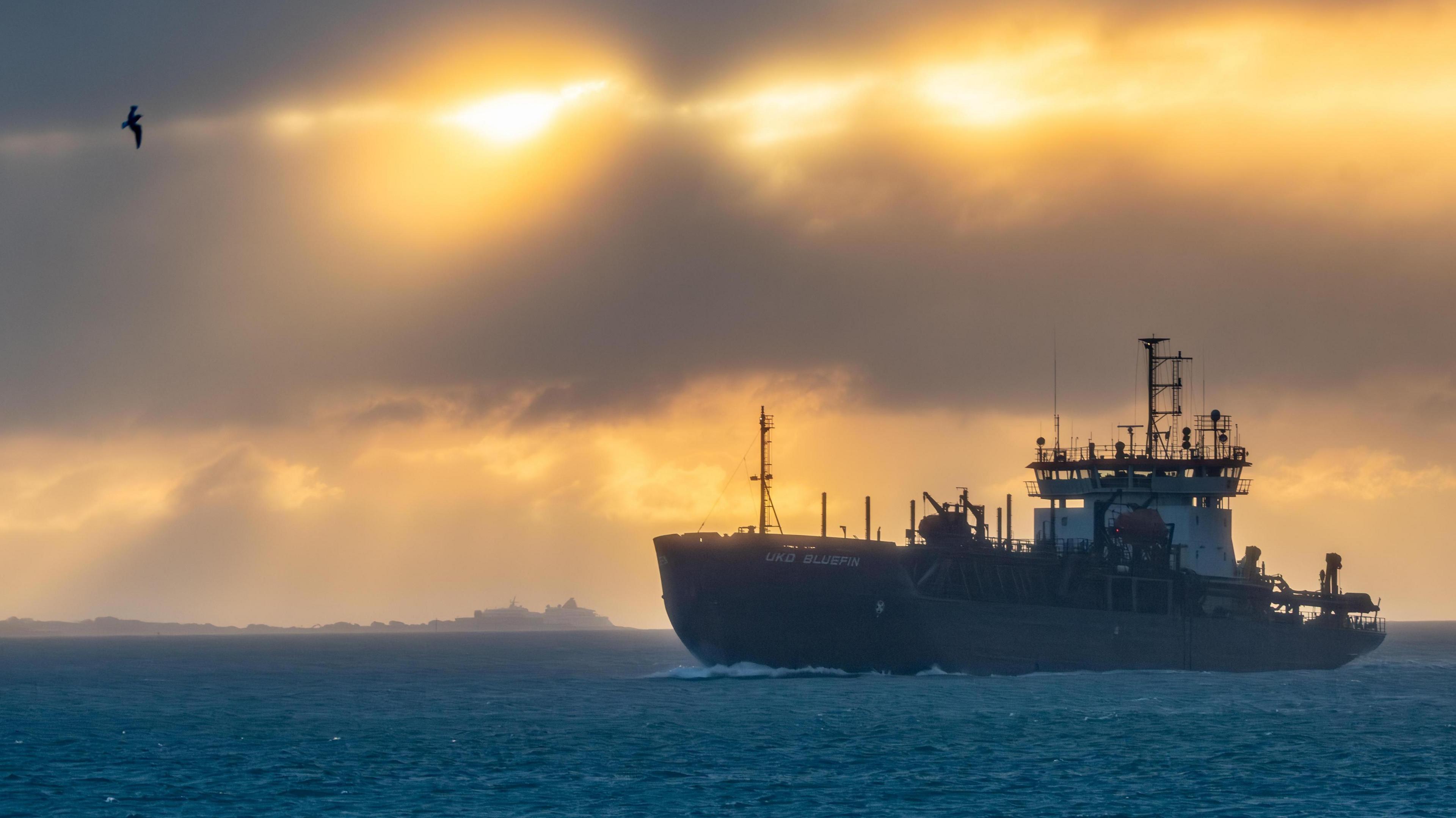 A ship on calm seas of deep blue beneath a golden sky with heavy dark clouds giving a hazy impression. A seagull can be seen in the sky.